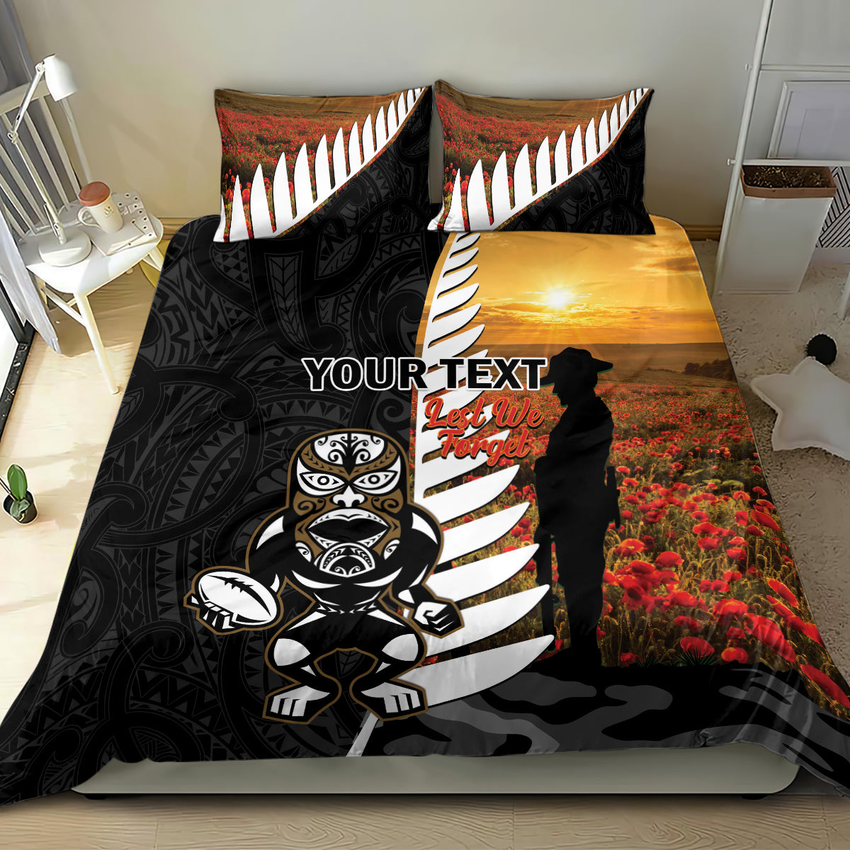 Custom New Zealand Silver Fern Rugby ANZAC Day Bedding Set 2024 All Black Tiki Mascot - Vibe Hoodie Shop