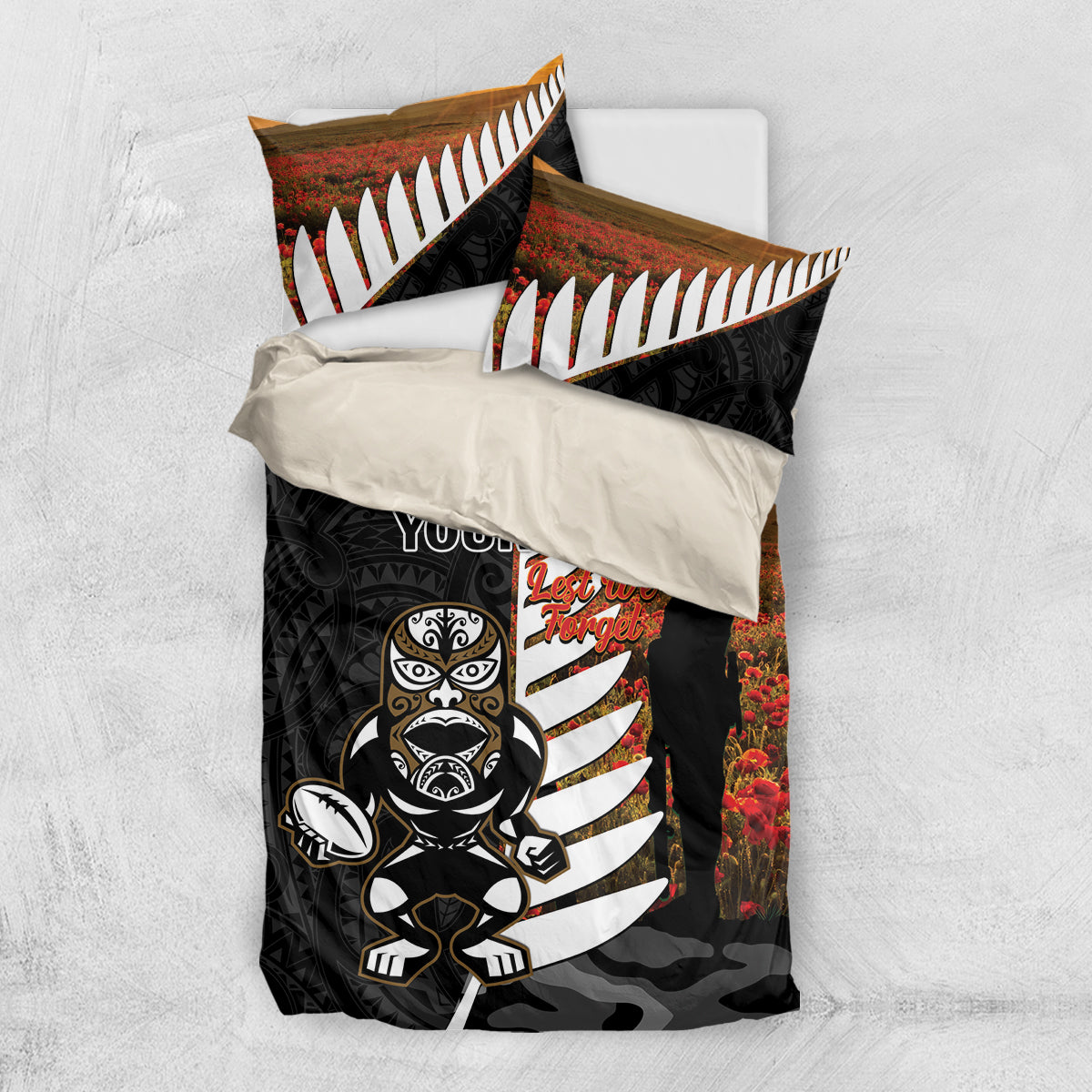 Custom New Zealand Silver Fern Rugby ANZAC Day Bedding Set 2024 All Black Tiki Mascot - Vibe Hoodie Shop