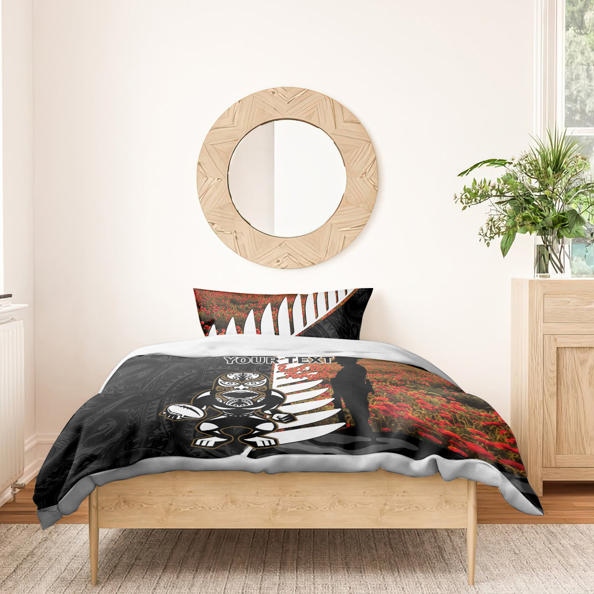 Custom New Zealand Silver Fern Rugby ANZAC Day Bedding Set 2024 All Black Tiki Mascot - Vibe Hoodie Shop