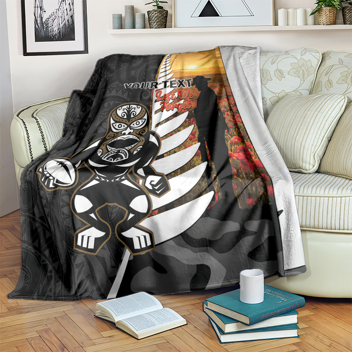 Custom New Zealand Silver Fern Rugby ANZAC Day Blanket 2024 All Black Tiki Mascot - Vibe Hoodie Shop