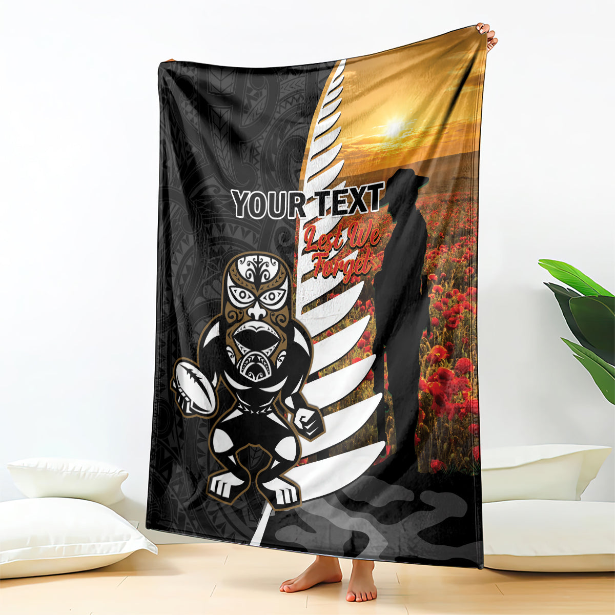 Custom New Zealand Silver Fern Rugby ANZAC Day Blanket 2024 All Black Tiki Mascot - Vibe Hoodie Shop