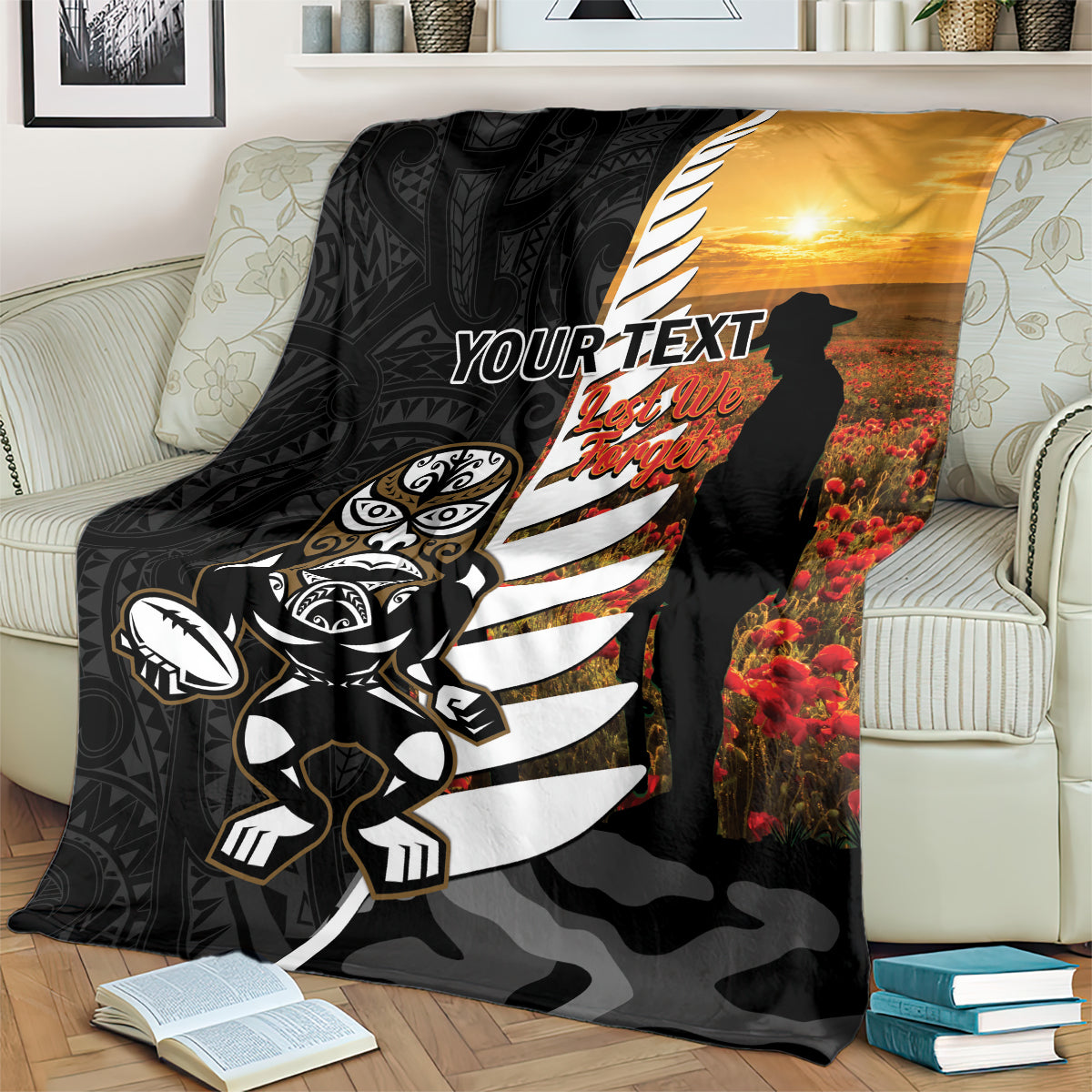 Custom New Zealand Silver Fern Rugby ANZAC Day Blanket 2024 All Black Tiki Mascot - Vibe Hoodie Shop