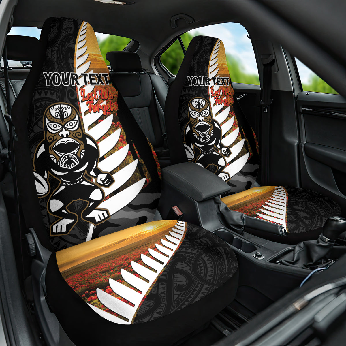 Custom New Zealand Silver Fern Rugby ANZAC Day Car Seat Cover 2024 All Black Tiki Mascot - Vibe Hoodie Shop
