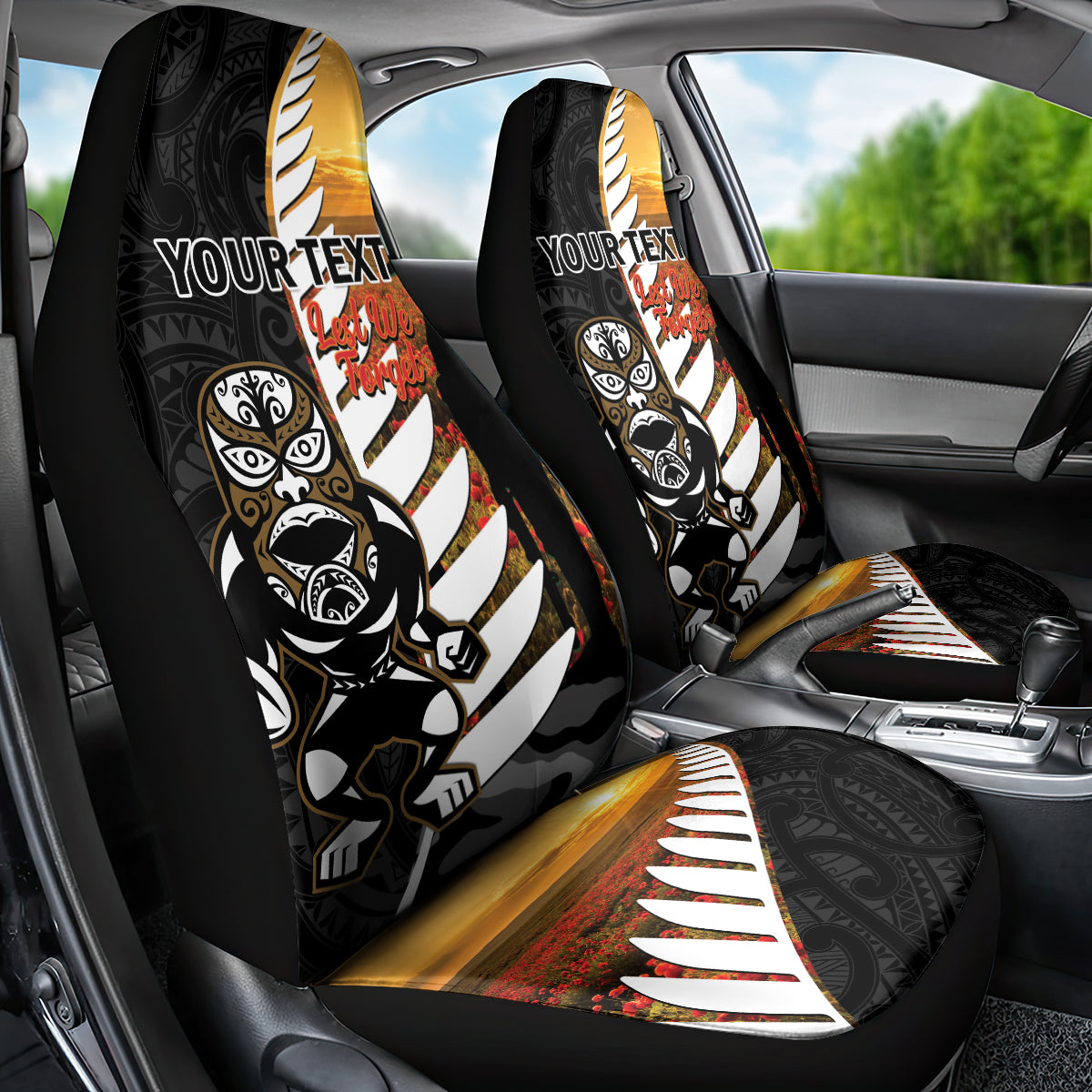 Custom New Zealand Silver Fern Rugby ANZAC Day Car Seat Cover 2024 All Black Tiki Mascot - Vibe Hoodie Shop