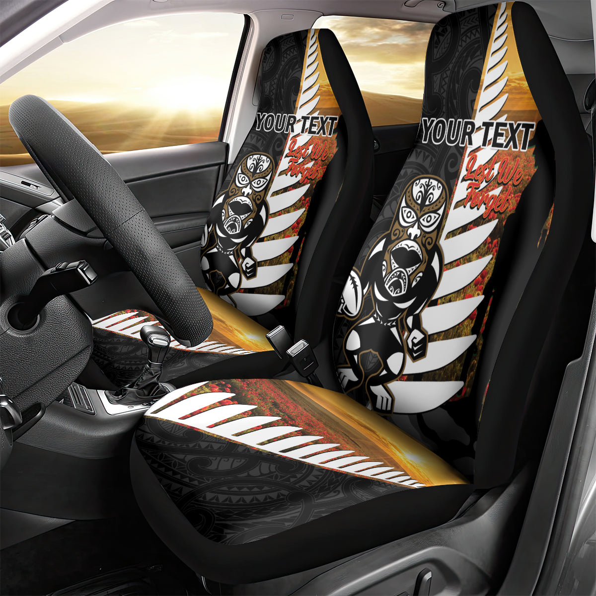 Custom New Zealand Silver Fern Rugby ANZAC Day Car Seat Cover 2024 All Black Tiki Mascot - Vibe Hoodie Shop