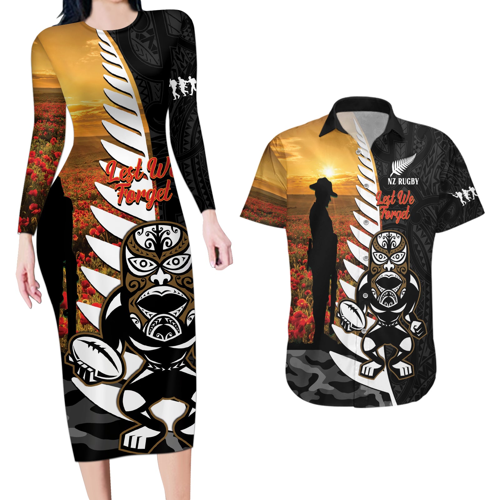 Custom New Zealand Silver Fern Rugby ANZAC Day Couples Matching Long Sleeve Bodycon Dress and Hawaiian Shirt 2024 All Black Tiki Mascot
