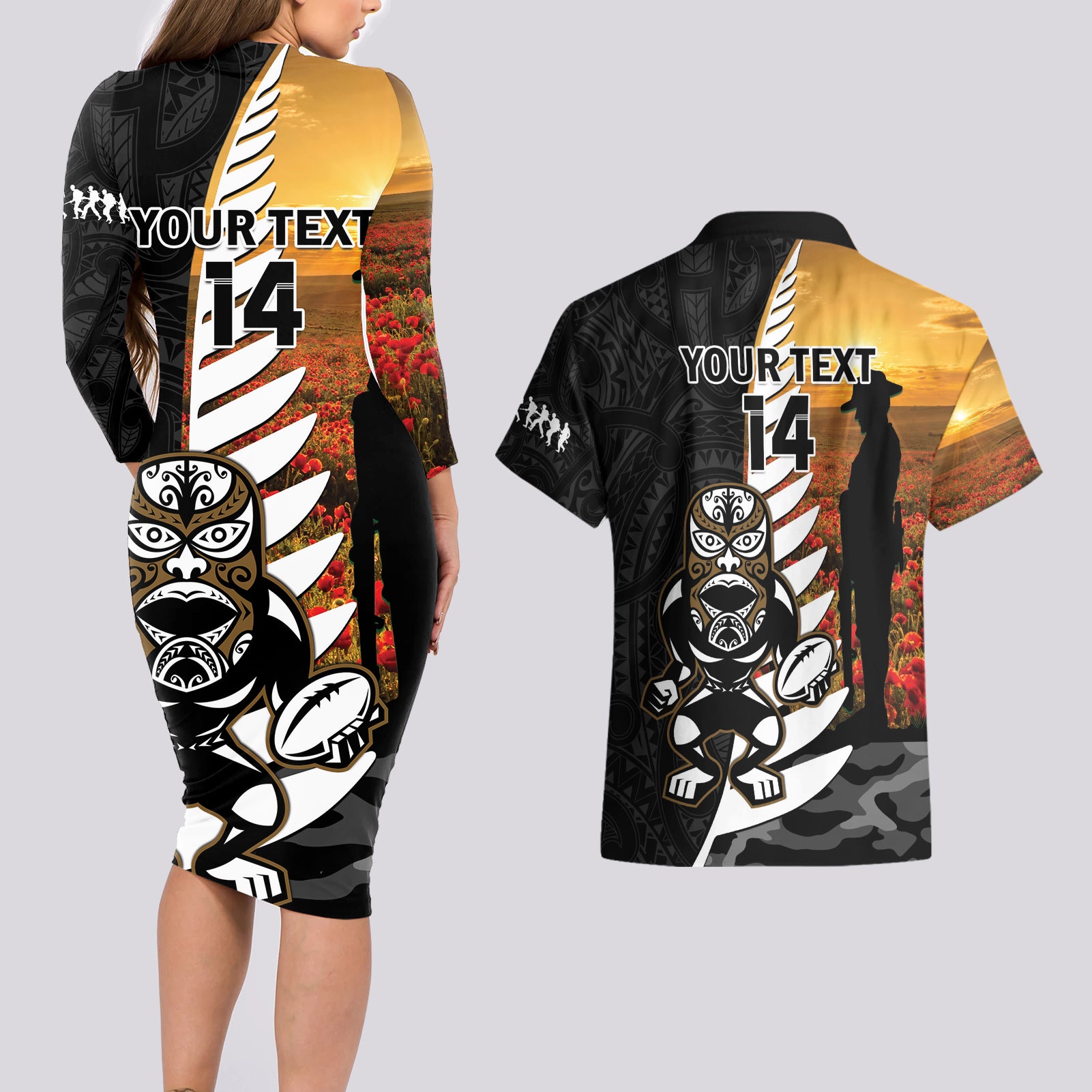 Custom New Zealand Silver Fern Rugby ANZAC Day Couples Matching Long Sleeve Bodycon Dress and Hawaiian Shirt 2024 All Black Tiki Mascot