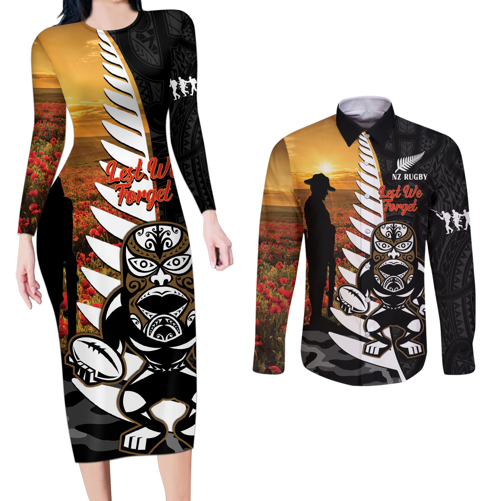 Custom New Zealand Silver Fern Rugby ANZAC Day Couples Matching Long Sleeve Bodycon Dress and Long Sleeve Button Shirt 2024 All Black Tiki Mascot