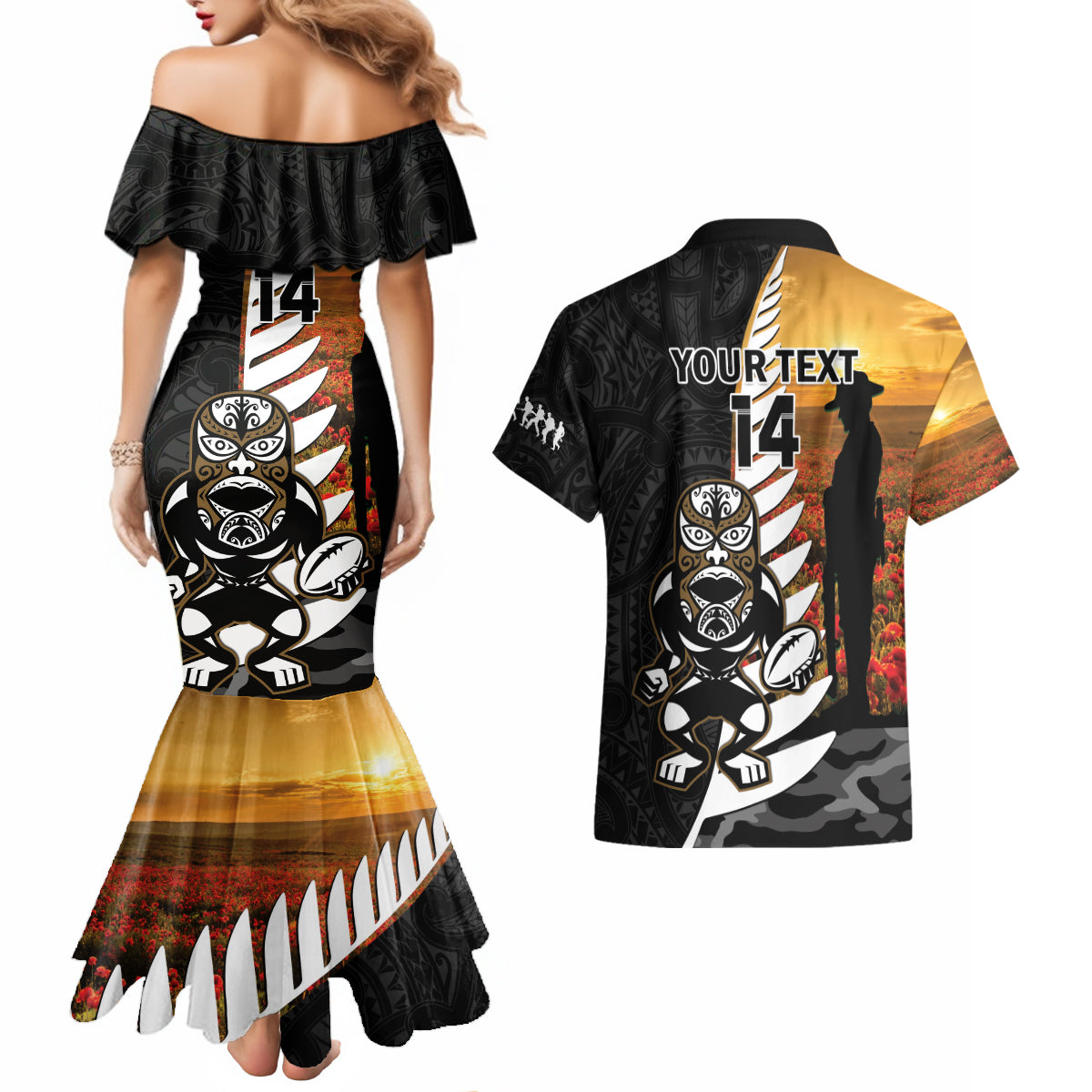 Custom New Zealand Silver Fern Rugby ANZAC Day Couples Matching Mermaid Dress and Hawaiian Shirt 2024 All Black Tiki Mascot