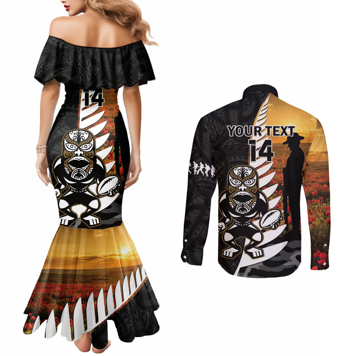Custom New Zealand Silver Fern Rugby ANZAC Day Couples Matching Mermaid Dress and Long Sleeve Button Shirt 2024 All Black Tiki Mascot