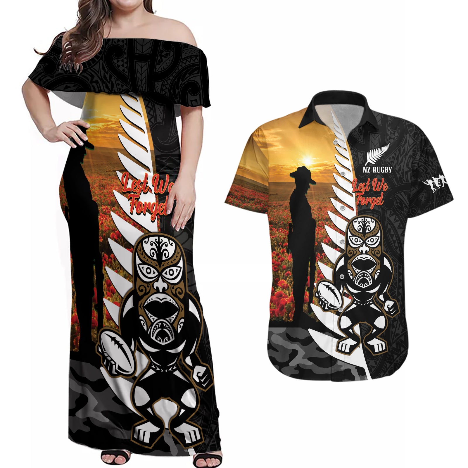 Custom New Zealand Silver Fern Rugby ANZAC Day Couples Matching Off Shoulder Maxi Dress and Hawaiian Shirt 2024 All Black Tiki Mascot