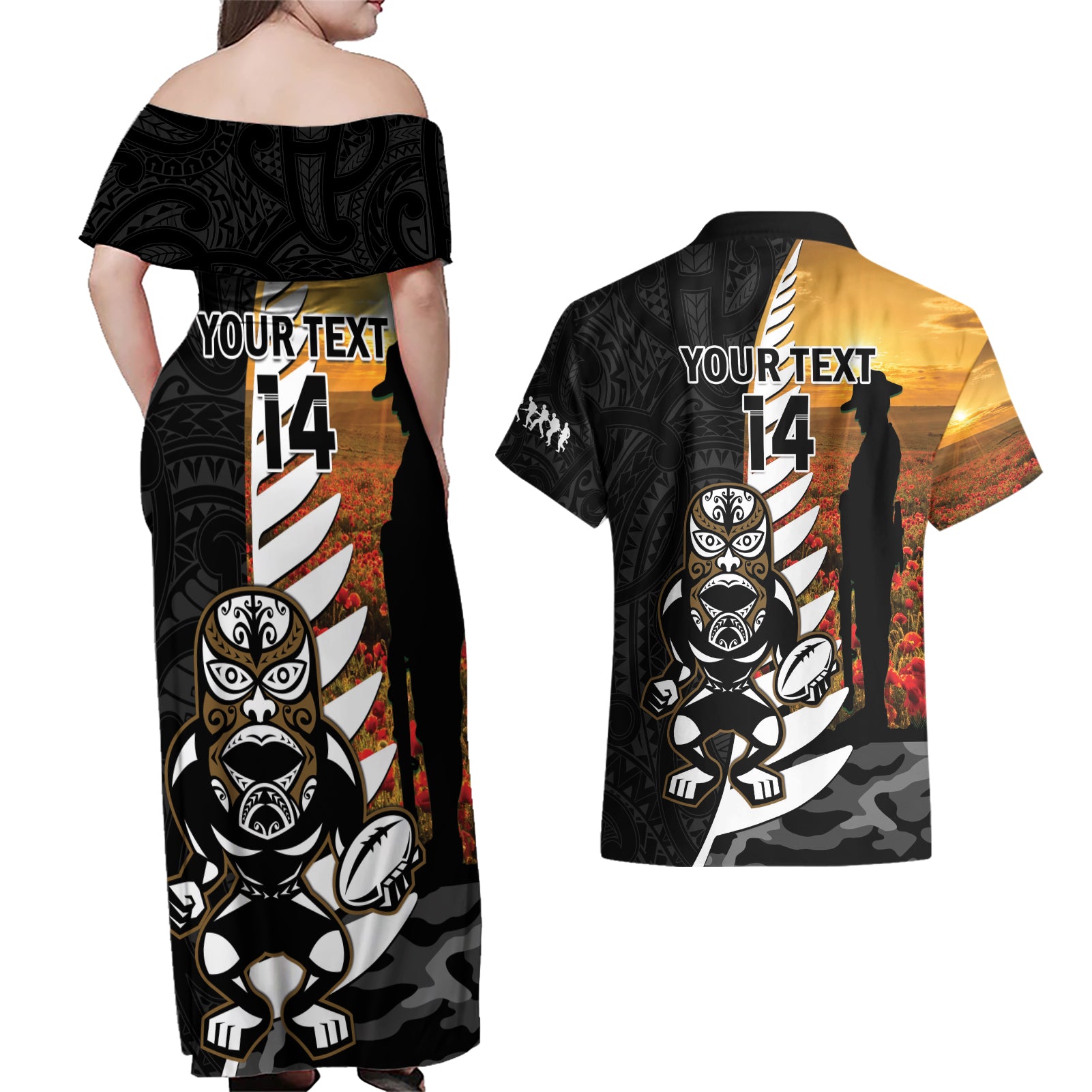 Custom New Zealand Silver Fern Rugby ANZAC Day Couples Matching Off Shoulder Maxi Dress and Hawaiian Shirt 2024 All Black Tiki Mascot