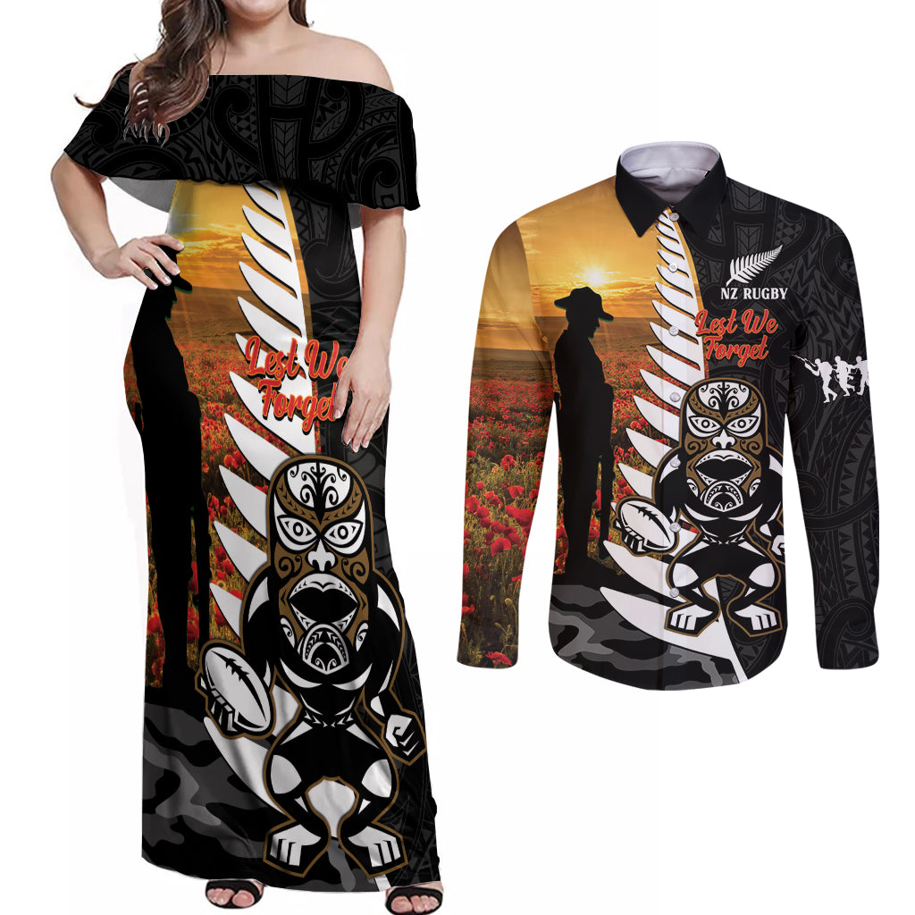 Custom New Zealand Silver Fern Rugby ANZAC Day Couples Matching Off Shoulder Maxi Dress and Long Sleeve Button Shirt 2024 All Black Tiki Mascot