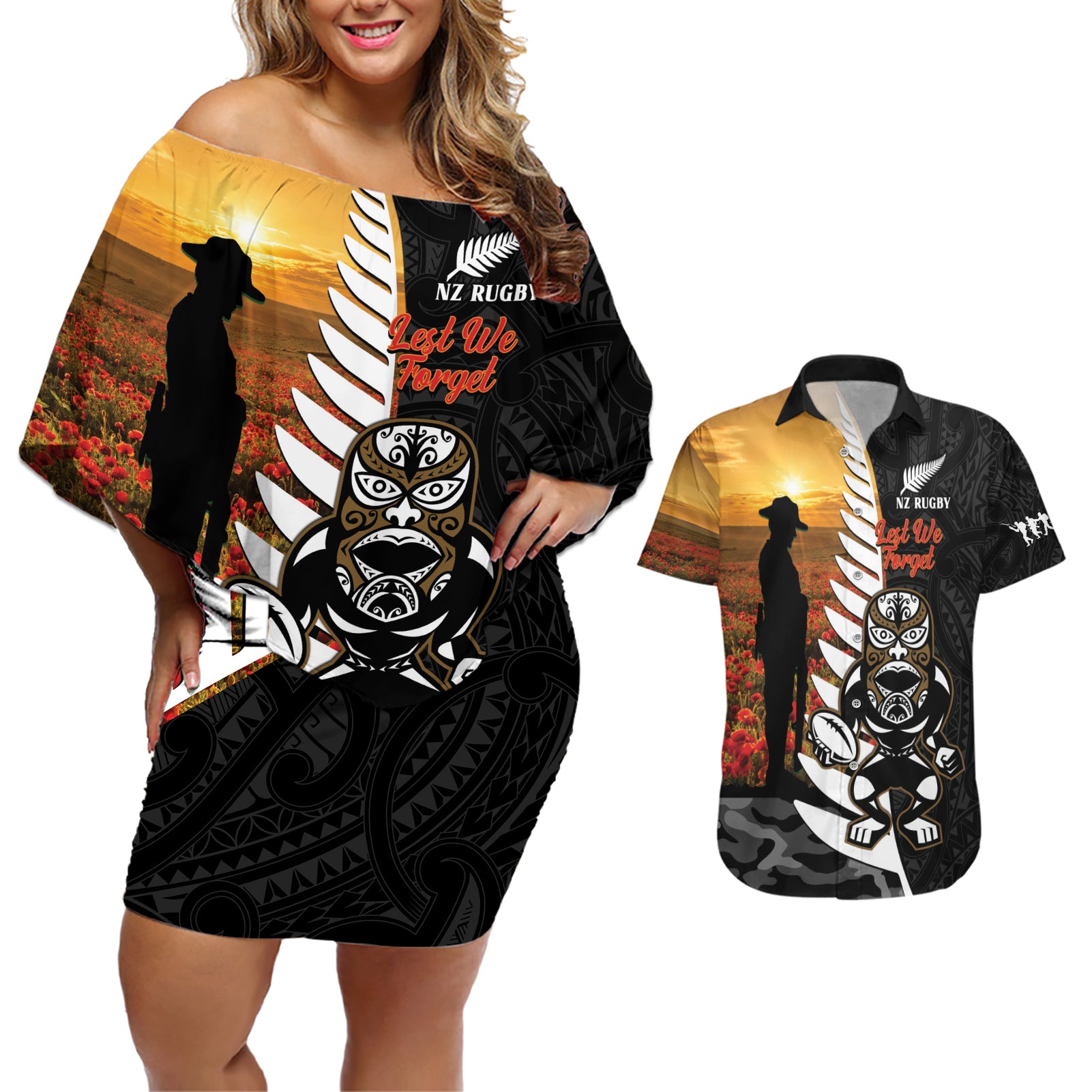 Custom New Zealand Silver Fern Rugby ANZAC Day Couples Matching Off Shoulder Short Dress and Hawaiian Shirt 2024 All Black Tiki Mascot