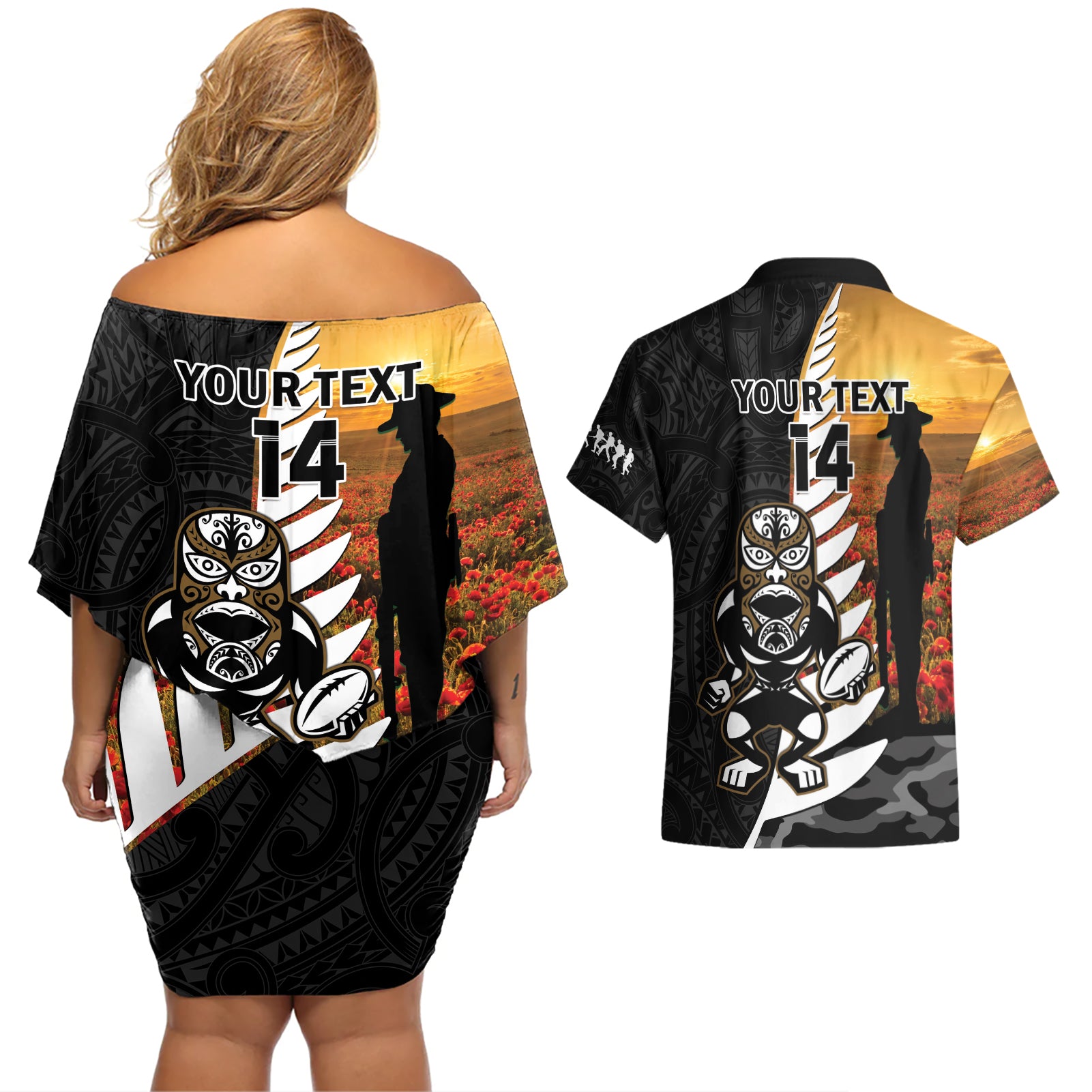 Custom New Zealand Silver Fern Rugby ANZAC Day Couples Matching Off Shoulder Short Dress and Hawaiian Shirt 2024 All Black Tiki Mascot