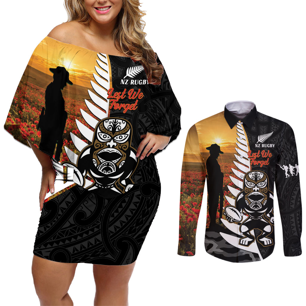 Custom New Zealand Silver Fern Rugby ANZAC Day Couples Matching Off Shoulder Short Dress and Long Sleeve Button Shirt 2024 All Black Tiki Mascot