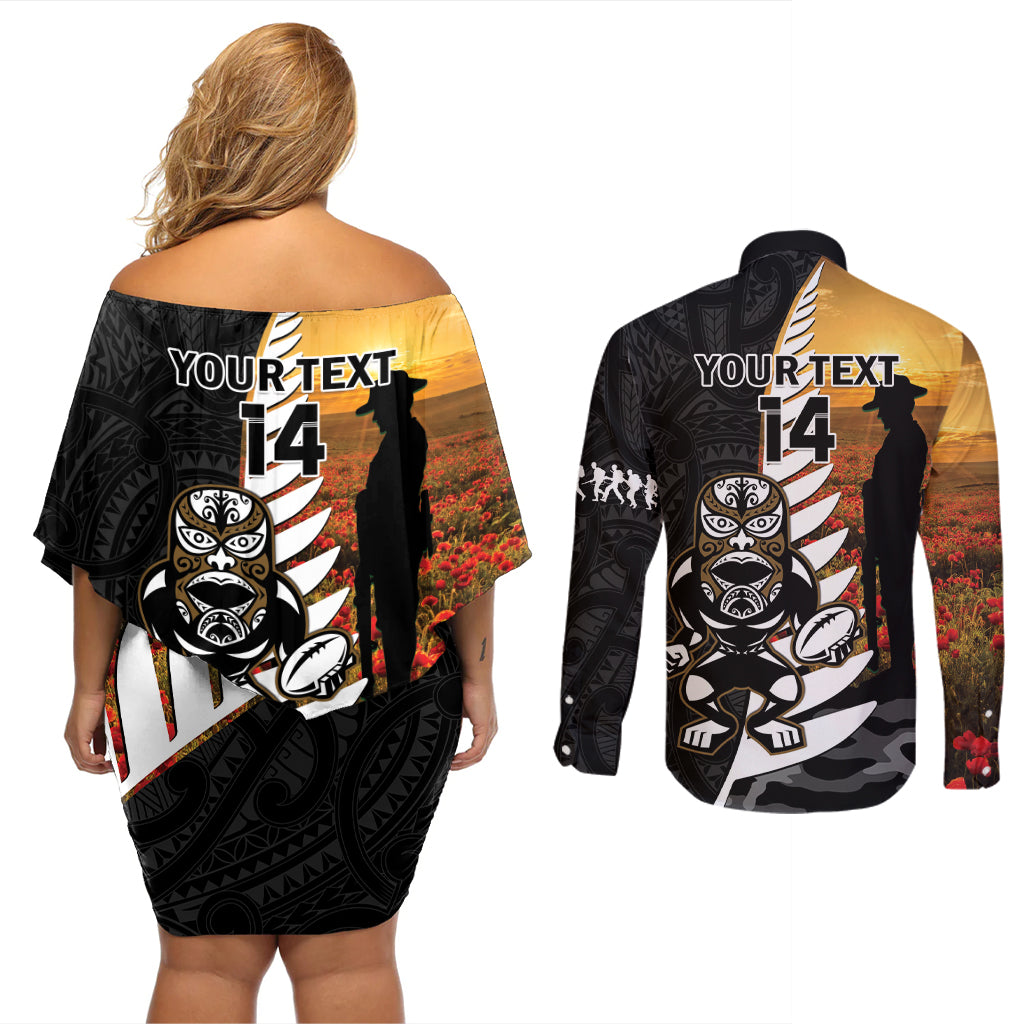 Custom New Zealand Silver Fern Rugby ANZAC Day Couples Matching Off Shoulder Short Dress and Long Sleeve Button Shirt 2024 All Black Tiki Mascot