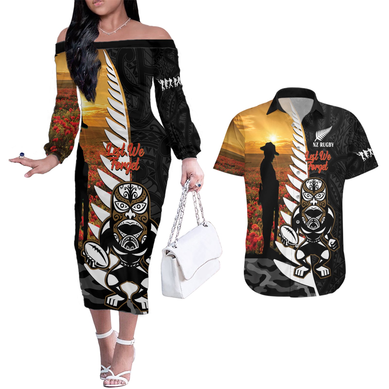 Custom New Zealand Silver Fern Rugby ANZAC Day Couples Matching Off The Shoulder Long Sleeve Dress and Hawaiian Shirt 2024 All Black Tiki Mascot