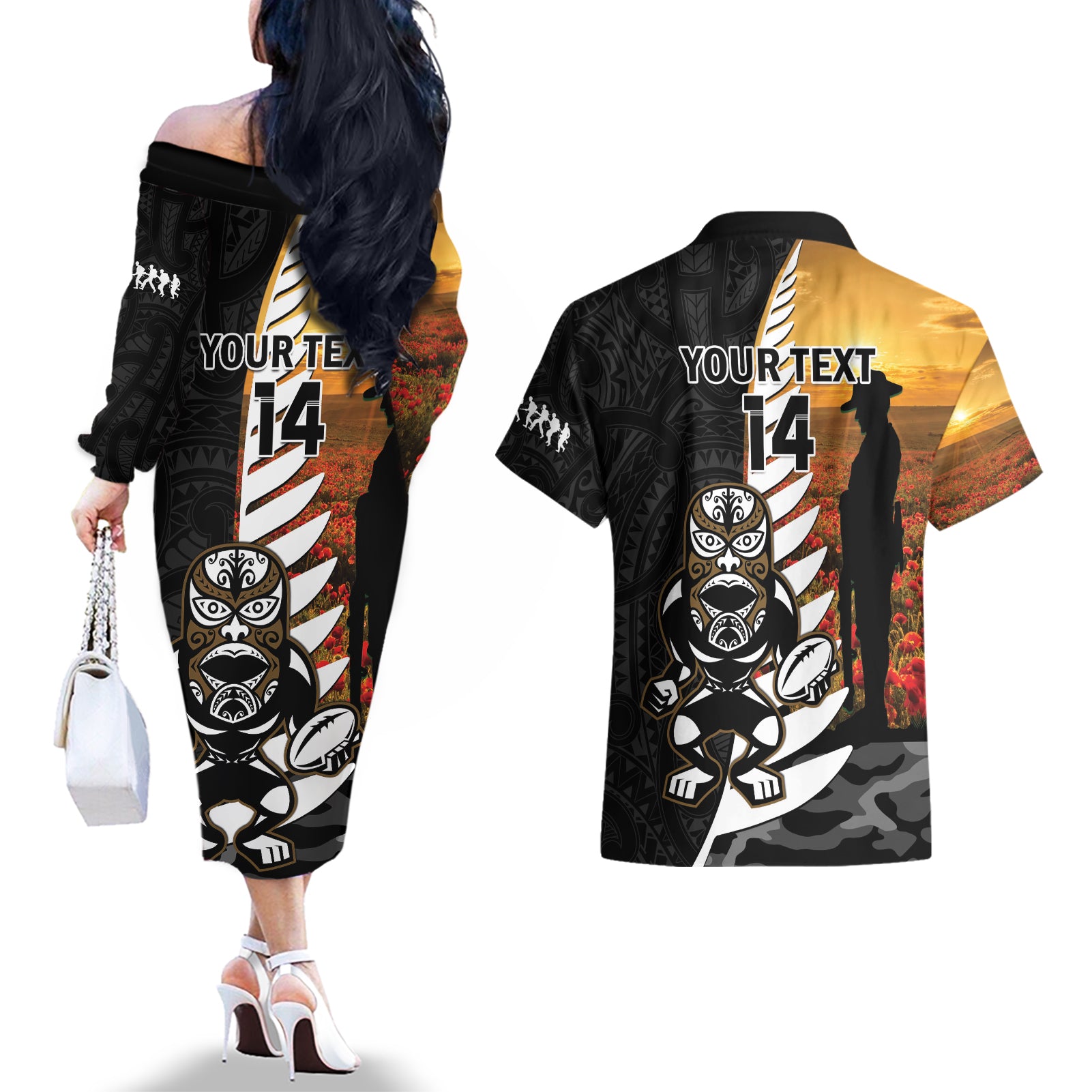 Custom New Zealand Silver Fern Rugby ANZAC Day Couples Matching Off The Shoulder Long Sleeve Dress and Hawaiian Shirt 2024 All Black Tiki Mascot