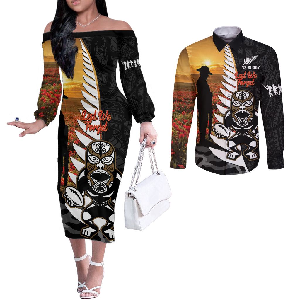 Custom New Zealand Silver Fern Rugby ANZAC Day Couples Matching Off The Shoulder Long Sleeve Dress and Long Sleeve Button Shirt 2024 All Black Tiki Mascot