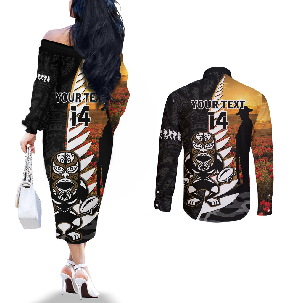 Custom New Zealand Silver Fern Rugby ANZAC Day Couples Matching Off The Shoulder Long Sleeve Dress and Long Sleeve Button Shirt 2024 All Black Tiki Mascot