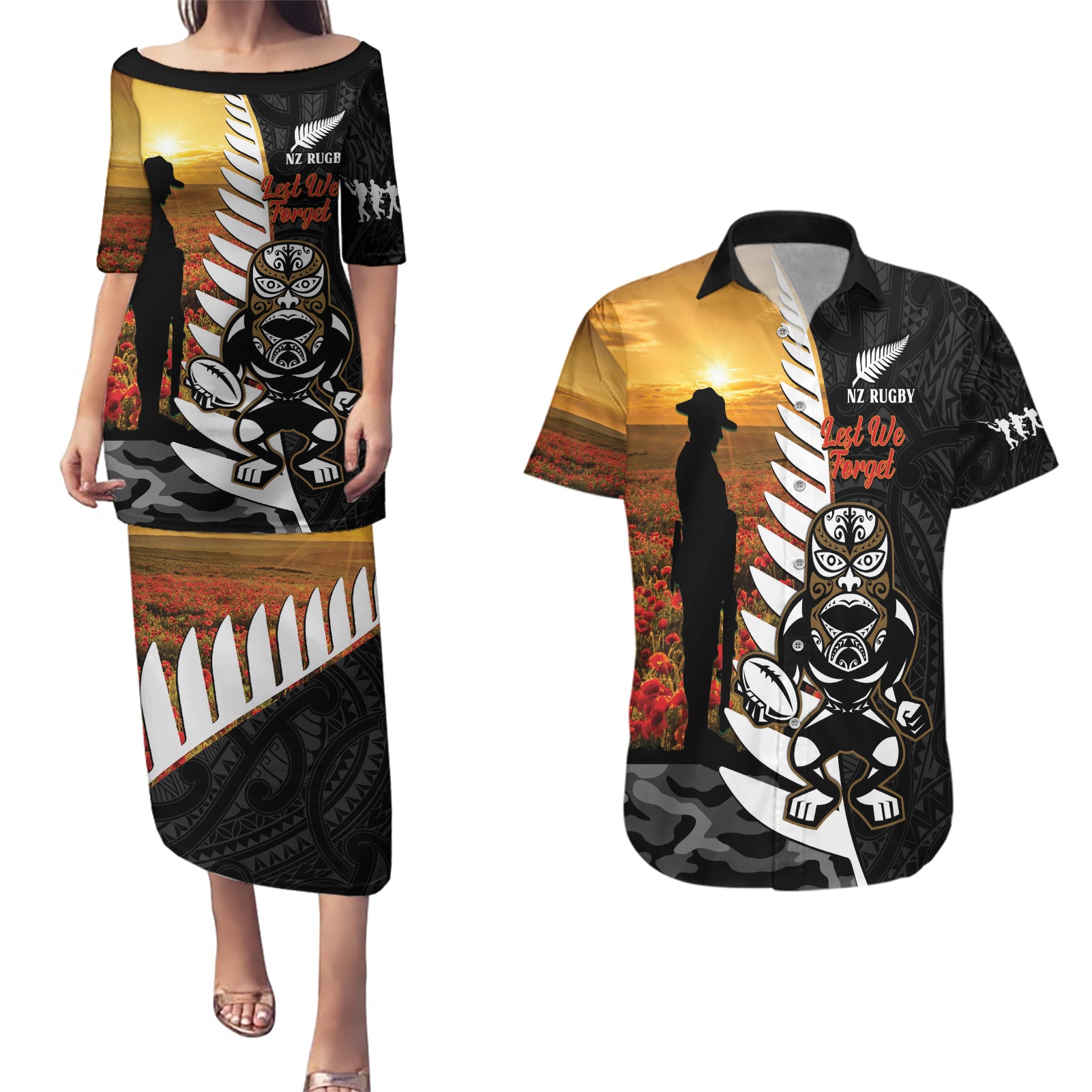Custom New Zealand Silver Fern Rugby ANZAC Day Couples Matching Puletasi and Hawaiian Shirt 2024 All Black Tiki Mascot