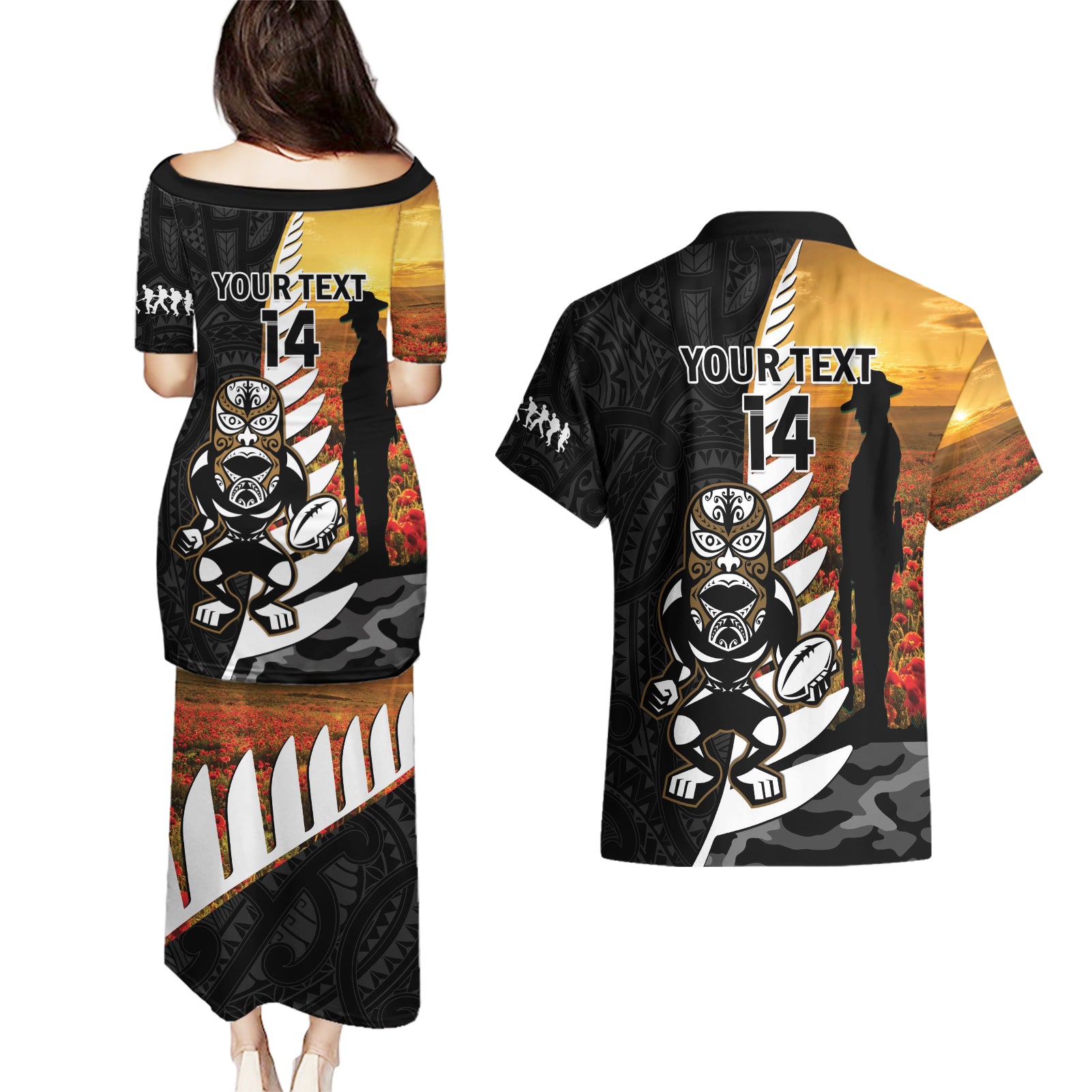 Custom New Zealand Silver Fern Rugby ANZAC Day Couples Matching Puletasi and Hawaiian Shirt 2024 All Black Tiki Mascot