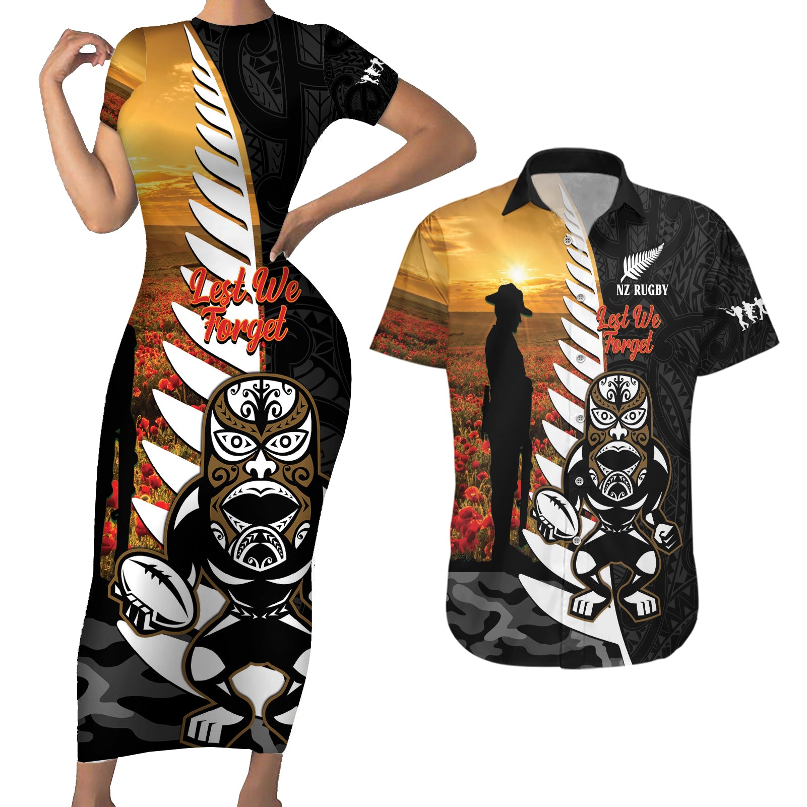 Custom New Zealand Silver Fern Rugby ANZAC Day Couples Matching Short Sleeve Bodycon Dress and Hawaiian Shirt 2024 All Black Tiki Mascot