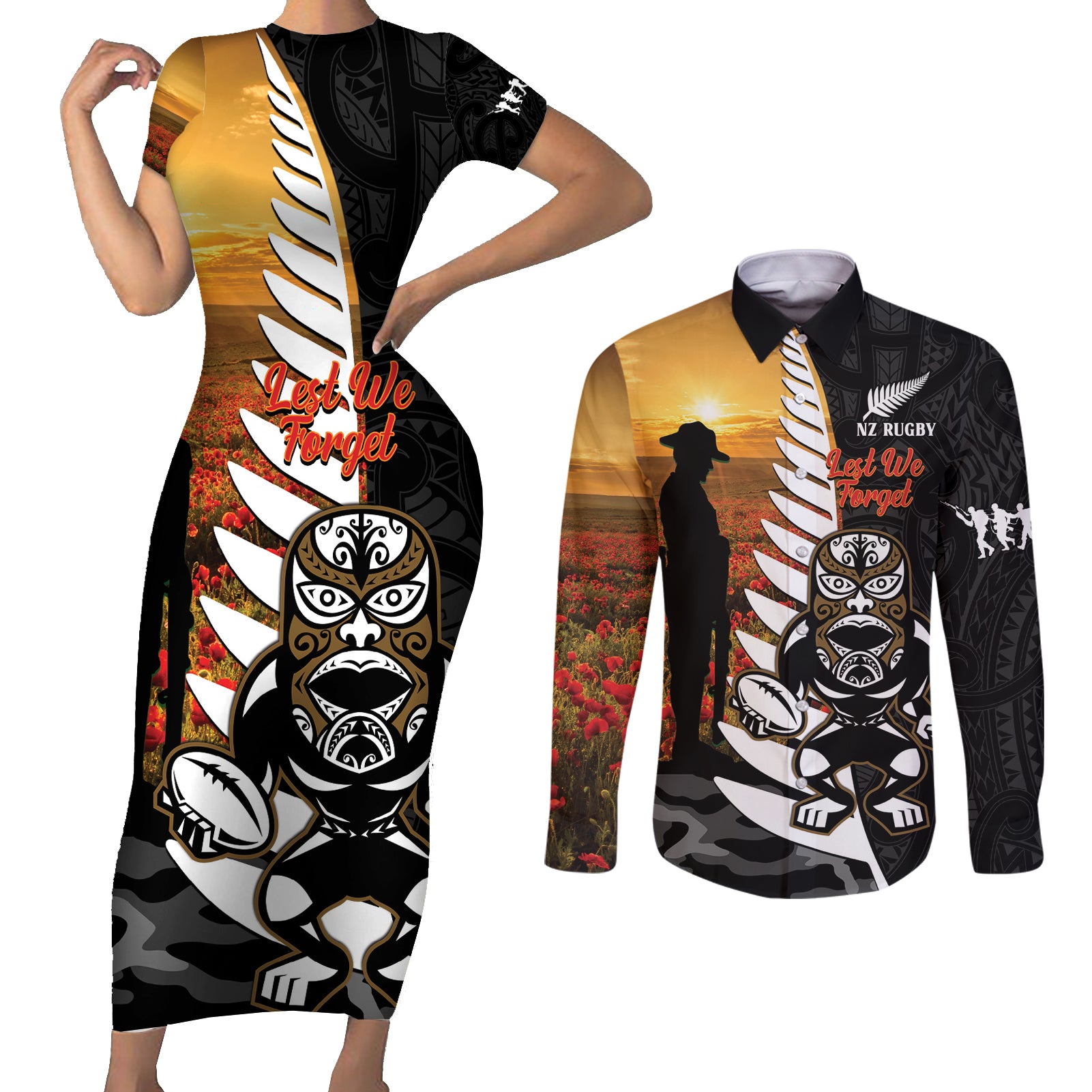 Custom New Zealand Silver Fern Rugby ANZAC Day Couples Matching Short Sleeve Bodycon Dress and Long Sleeve Button Shirt 2024 All Black Tiki Mascot