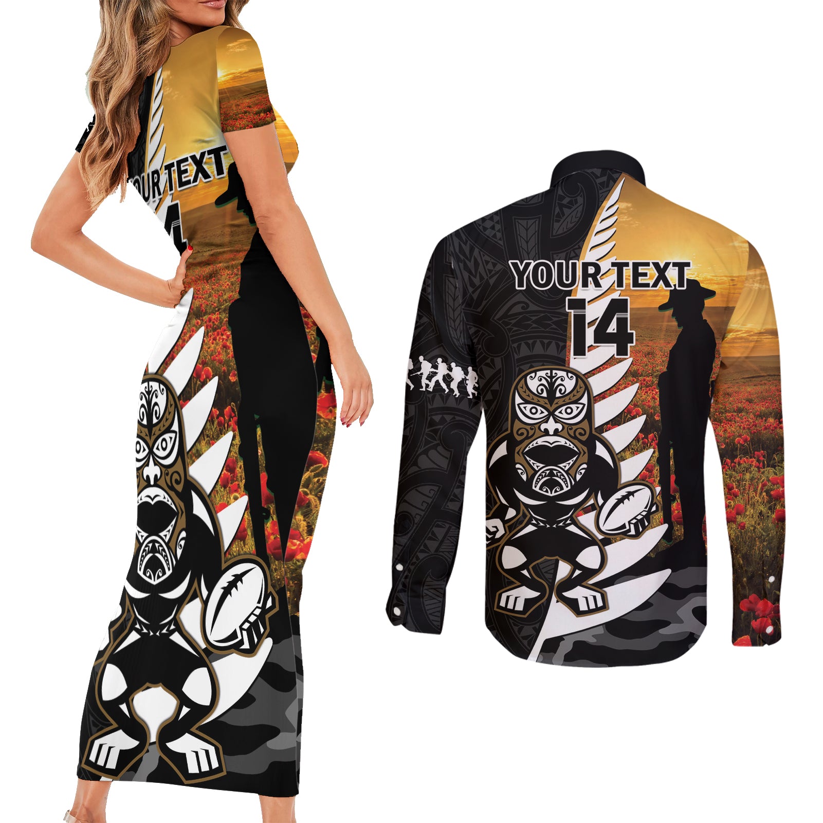 Custom New Zealand Silver Fern Rugby ANZAC Day Couples Matching Short Sleeve Bodycon Dress and Long Sleeve Button Shirt 2024 All Black Tiki Mascot