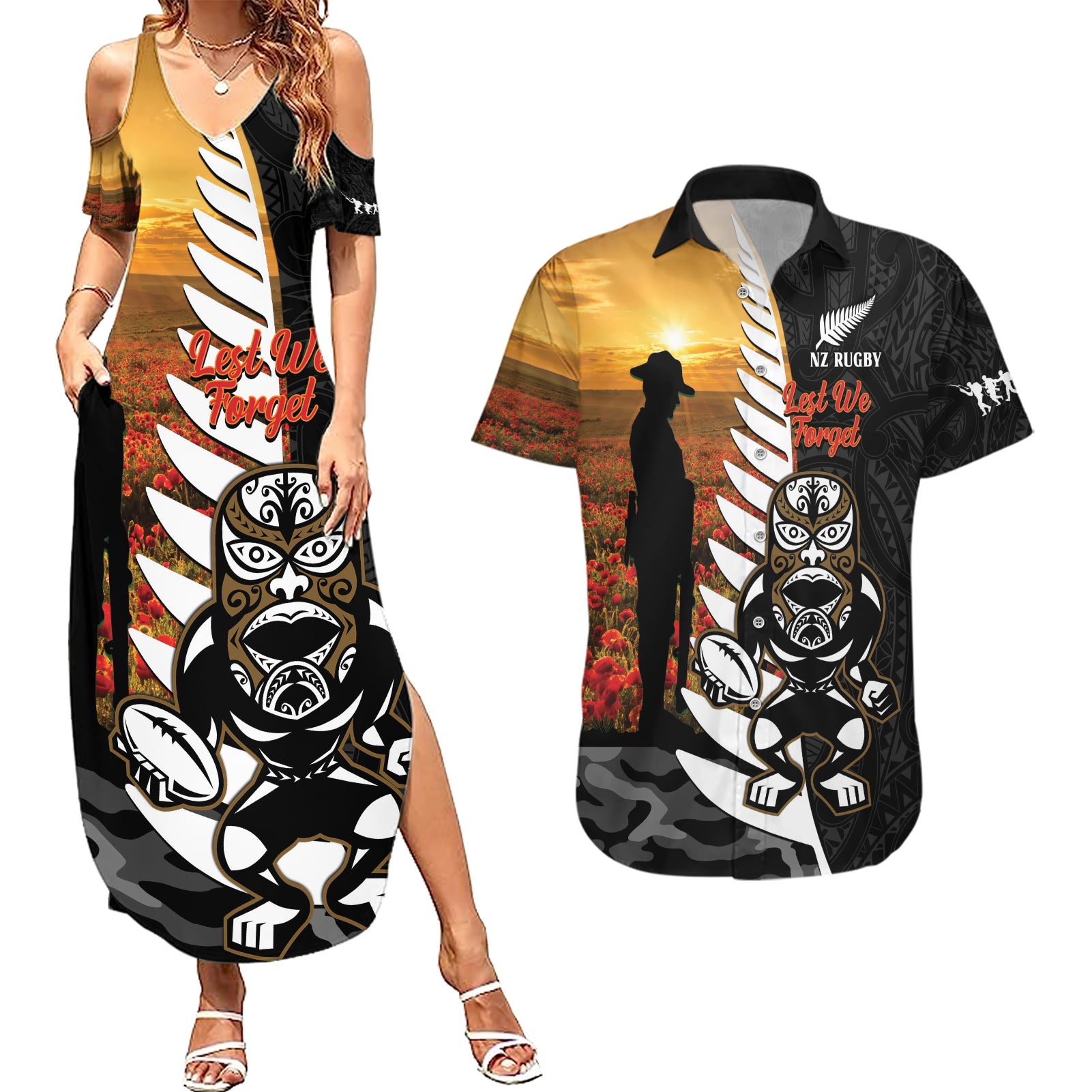 Custom New Zealand Silver Fern Rugby ANZAC Day Couples Matching Summer Maxi Dress and Hawaiian Shirt 2024 All Black Tiki Mascot