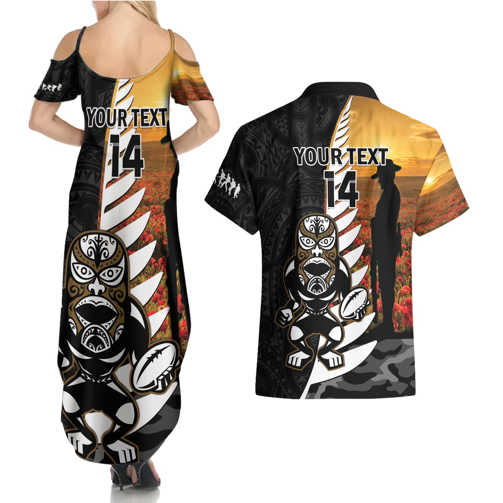Custom New Zealand Silver Fern Rugby ANZAC Day Couples Matching Summer Maxi Dress and Hawaiian Shirt 2024 All Black Tiki Mascot