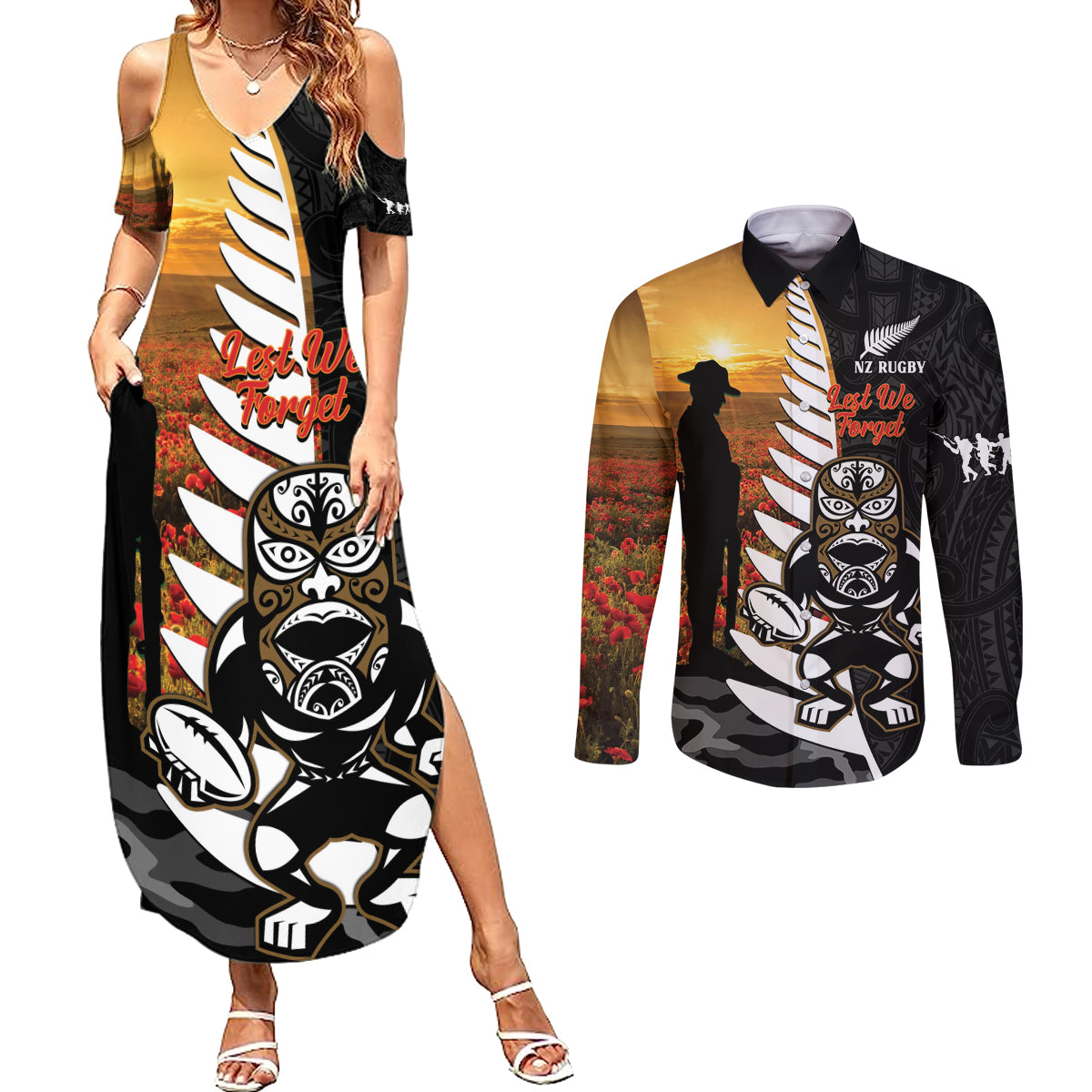 Custom New Zealand Silver Fern Rugby ANZAC Day Couples Matching Summer Maxi Dress and Long Sleeve Button Shirt 2024 All Black Tiki Mascot