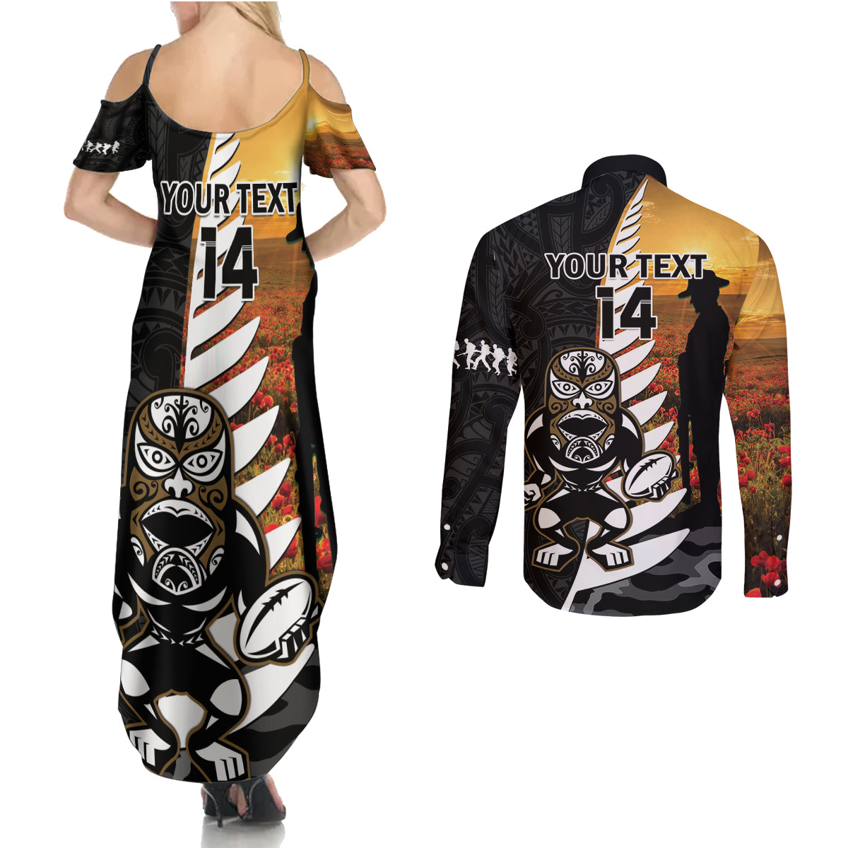 Custom New Zealand Silver Fern Rugby ANZAC Day Couples Matching Summer Maxi Dress and Long Sleeve Button Shirt 2024 All Black Tiki Mascot