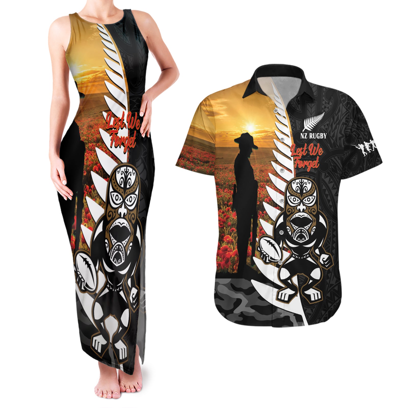 Custom New Zealand Silver Fern Rugby ANZAC Day Couples Matching Tank Maxi Dress and Hawaiian Shirt 2024 All Black Tiki Mascot