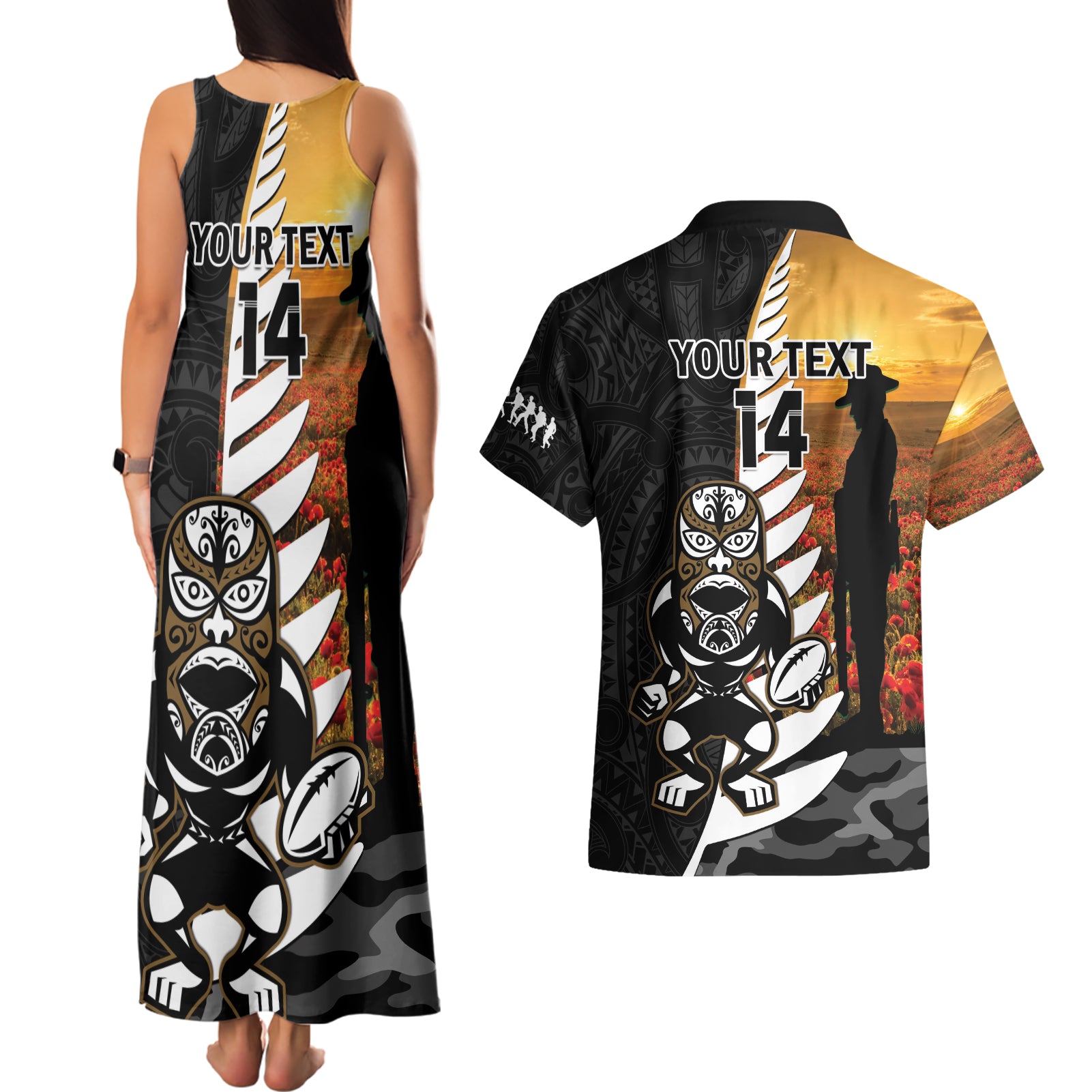 Custom New Zealand Silver Fern Rugby ANZAC Day Couples Matching Tank Maxi Dress and Hawaiian Shirt 2024 All Black Tiki Mascot