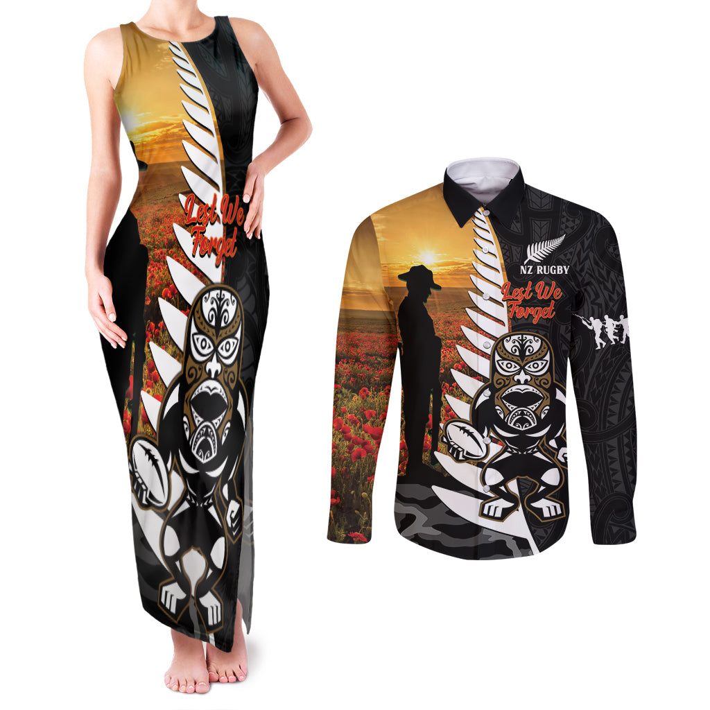 Custom New Zealand Silver Fern Rugby ANZAC Day Couples Matching Tank Maxi Dress and Long Sleeve Button Shirt 2024 All Black Tiki Mascot