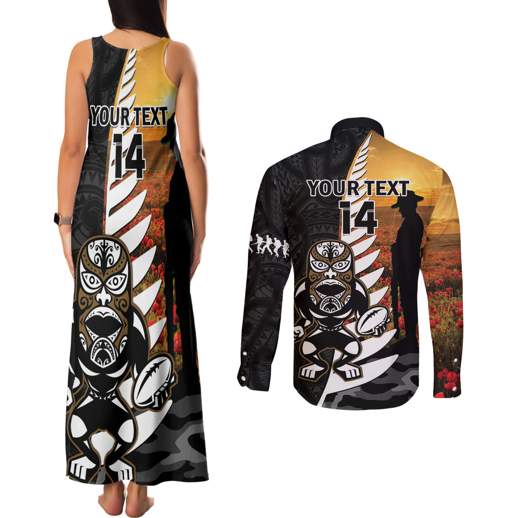 Custom New Zealand Silver Fern Rugby ANZAC Day Couples Matching Tank Maxi Dress and Long Sleeve Button Shirt 2024 All Black Tiki Mascot