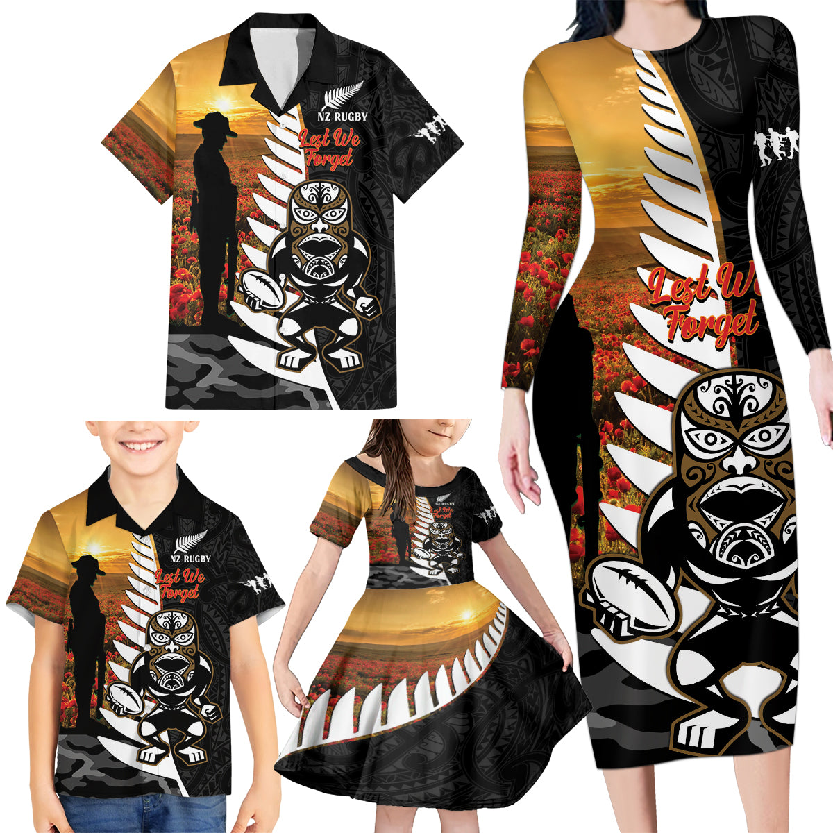 Custom New Zealand Silver Fern Rugby ANZAC Day Family Matching Long Sleeve Bodycon Dress and Hawaiian Shirt 2024 All Black Tiki Mascot
