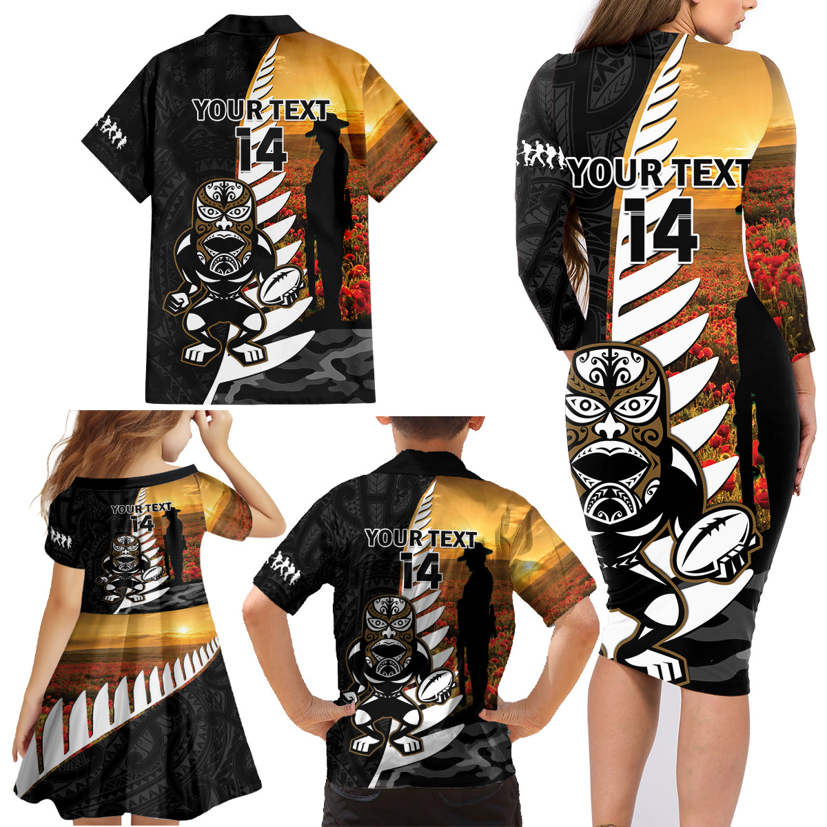 Custom New Zealand Silver Fern Rugby ANZAC Day Family Matching Long Sleeve Bodycon Dress and Hawaiian Shirt 2024 All Black Tiki Mascot