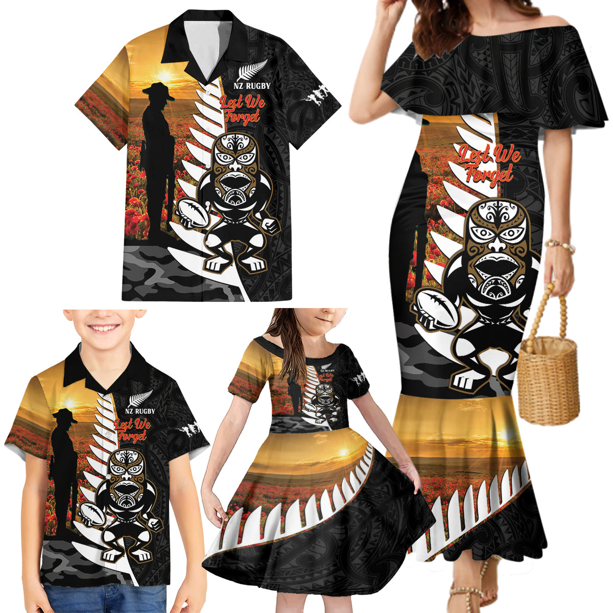 Custom New Zealand Silver Fern Rugby ANZAC Day Family Matching Mermaid Dress and Hawaiian Shirt 2024 All Black Tiki Mascot