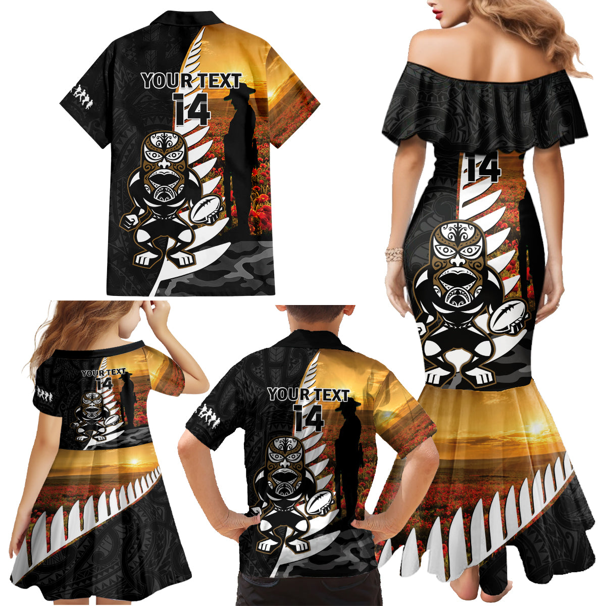 Custom New Zealand Silver Fern Rugby ANZAC Day Family Matching Mermaid Dress and Hawaiian Shirt 2024 All Black Tiki Mascot