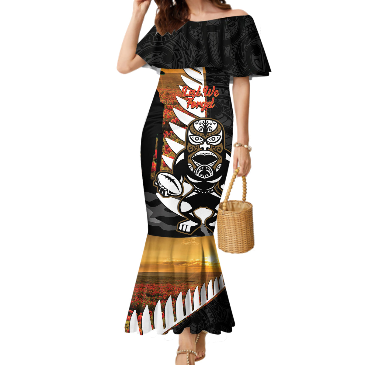 Custom New Zealand Silver Fern Rugby ANZAC Day Family Matching Mermaid Dress and Hawaiian Shirt 2024 All Black Tiki Mascot