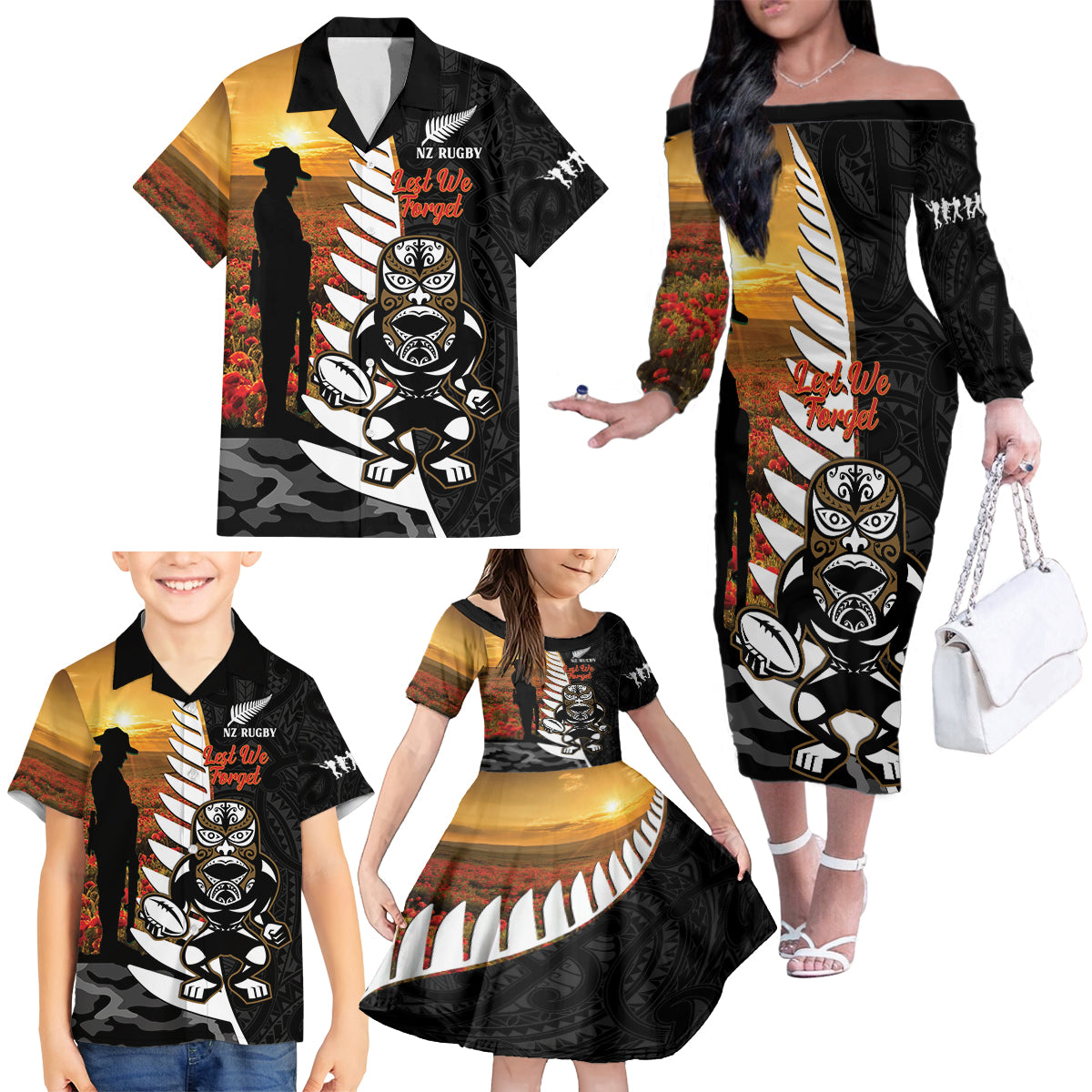 Custom New Zealand Silver Fern Rugby ANZAC Day Family Matching Off Shoulder Long Sleeve Dress and Hawaiian Shirt 2024 All Black Tiki Mascot