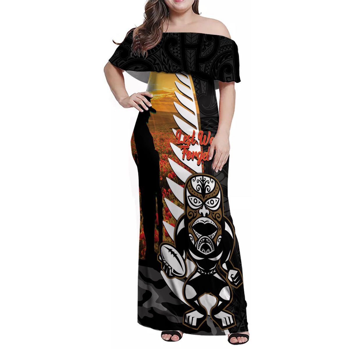 Custom New Zealand Silver Fern Rugby ANZAC Day Family Matching Off Shoulder Maxi Dress and Hawaiian Shirt 2024 All Black Tiki Mascot