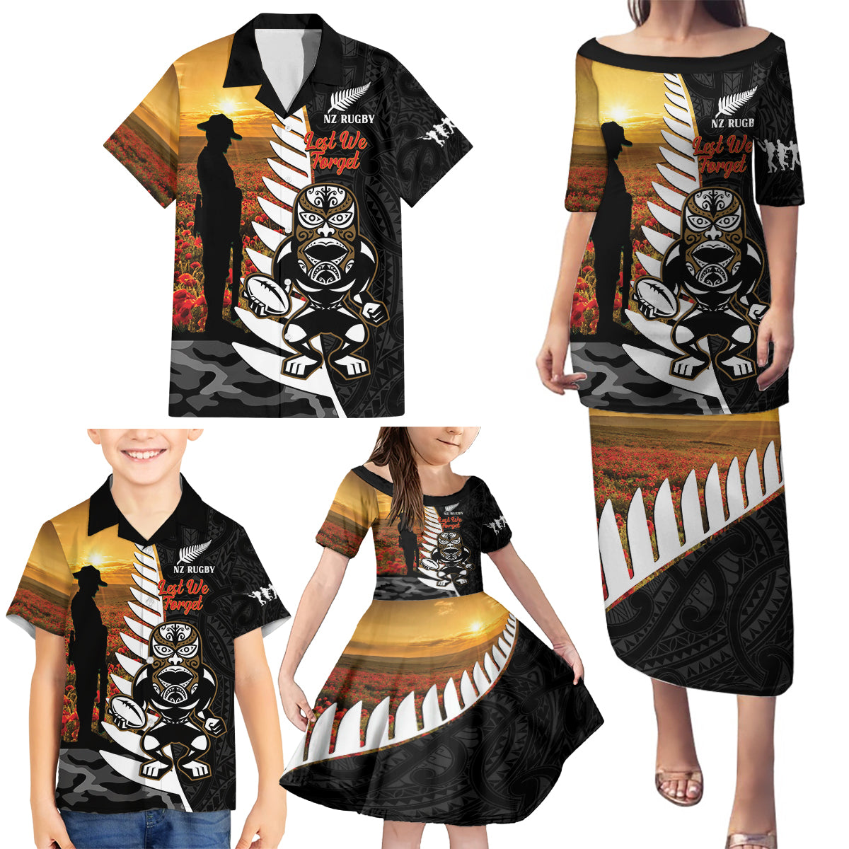 Custom New Zealand Silver Fern Rugby ANZAC Day Family Matching Puletasi and Hawaiian Shirt 2024 All Black Tiki Mascot