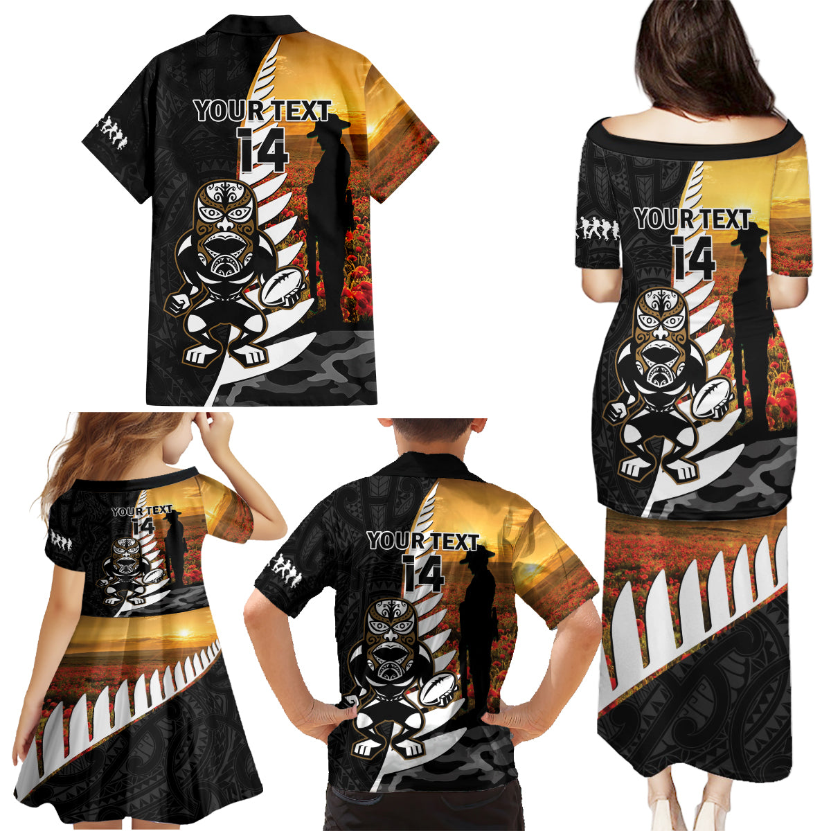 Custom New Zealand Silver Fern Rugby ANZAC Day Family Matching Puletasi and Hawaiian Shirt 2024 All Black Tiki Mascot