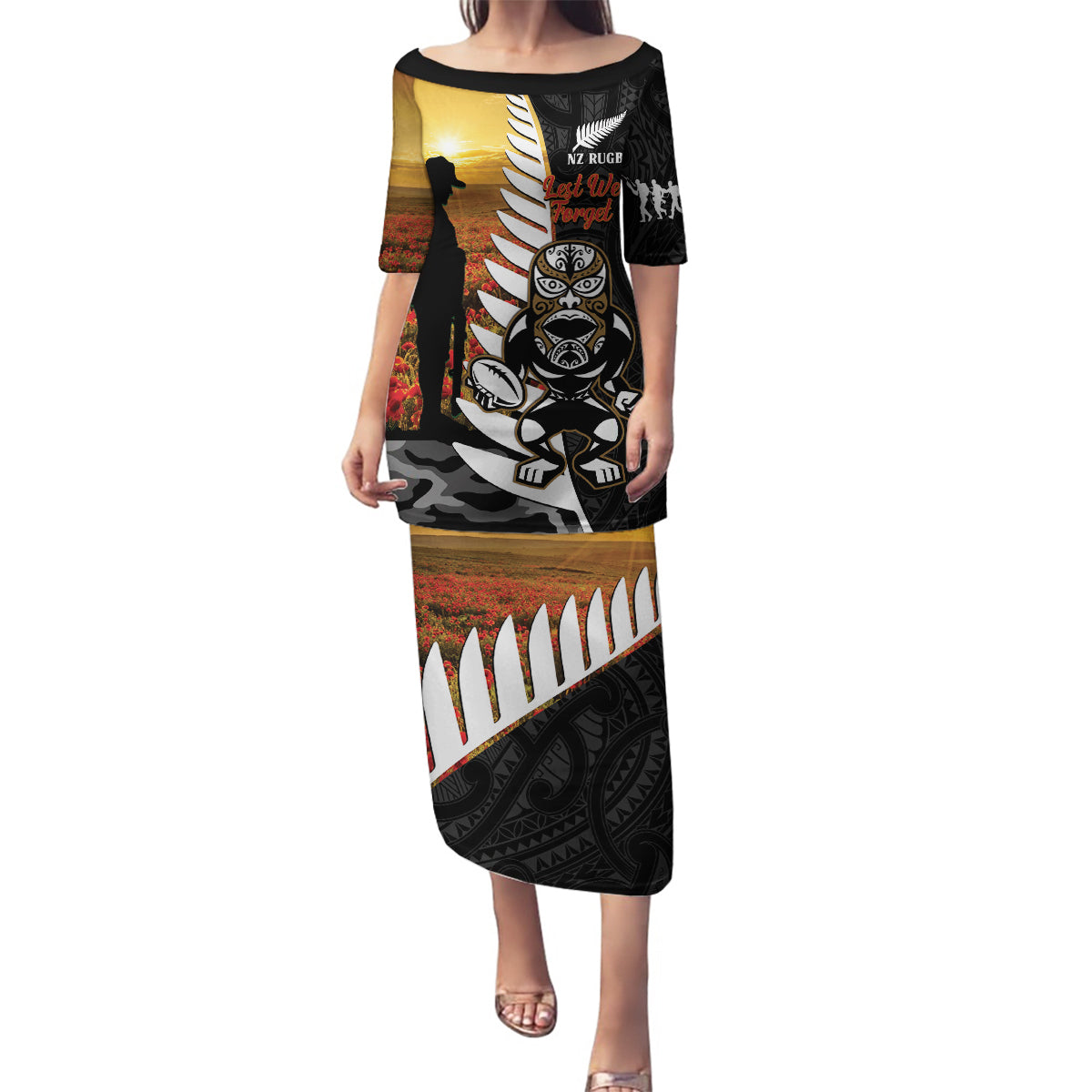 Custom New Zealand Silver Fern Rugby ANZAC Day Family Matching Puletasi and Hawaiian Shirt 2024 All Black Tiki Mascot