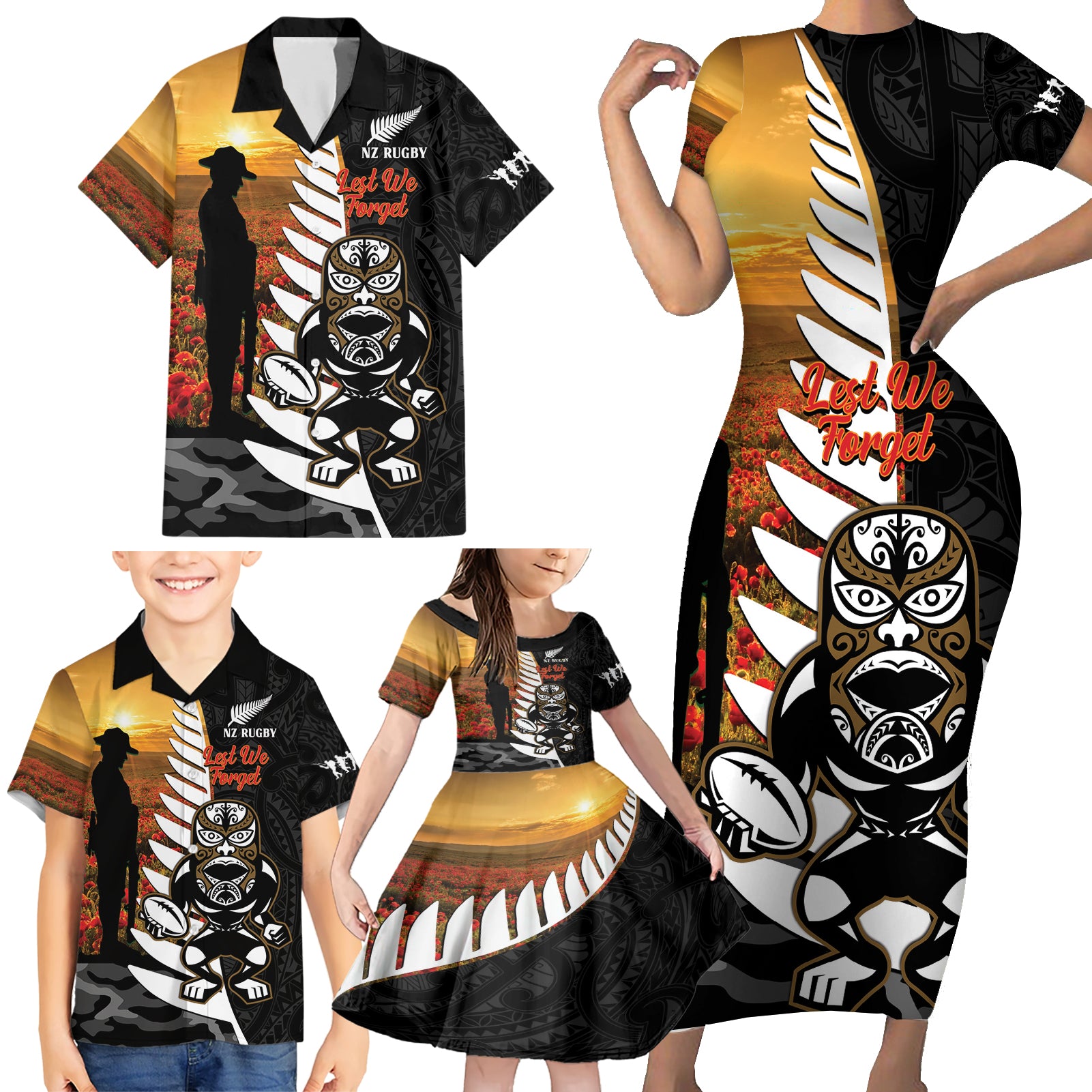 Custom New Zealand Silver Fern Rugby ANZAC Day Family Matching Short Sleeve Bodycon Dress and Hawaiian Shirt 2024 All Black Tiki Mascot