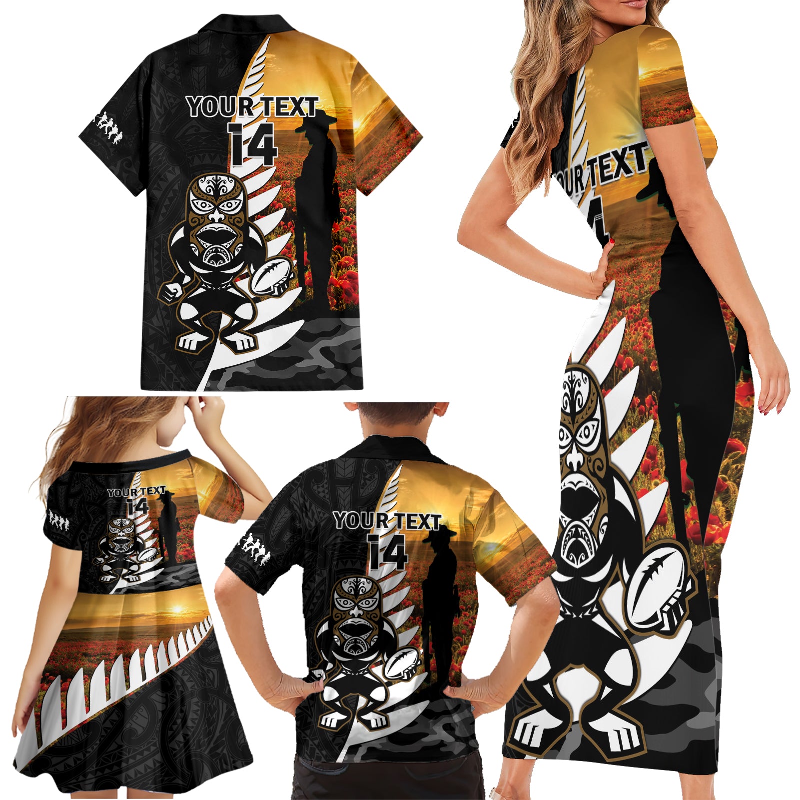 Custom New Zealand Silver Fern Rugby ANZAC Day Family Matching Short Sleeve Bodycon Dress and Hawaiian Shirt 2024 All Black Tiki Mascot